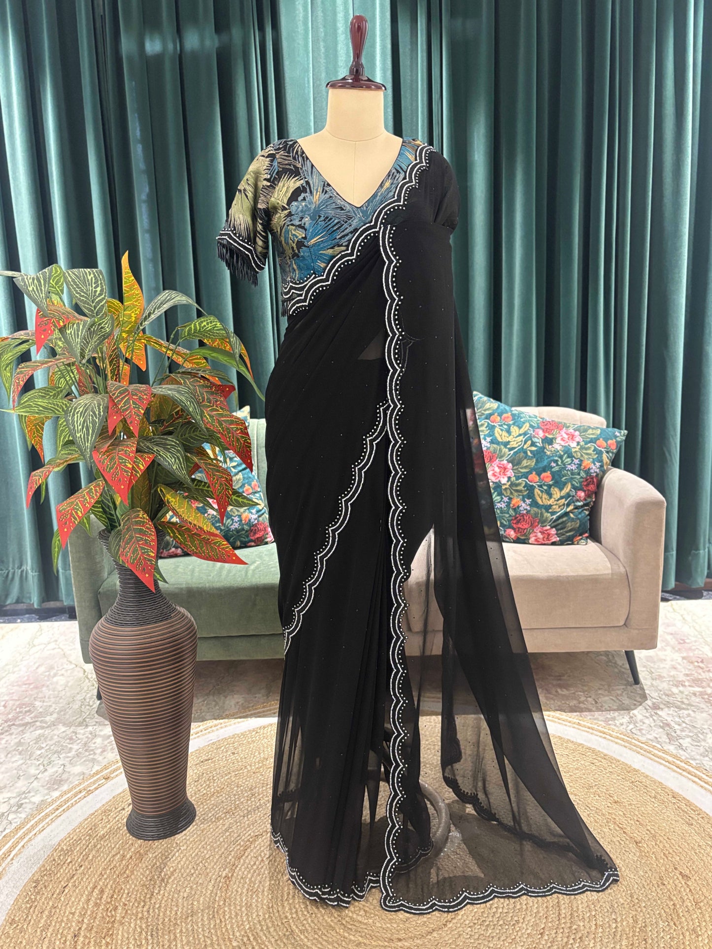 Black Sheer Saree with Scalloped Border and Printed Blouse