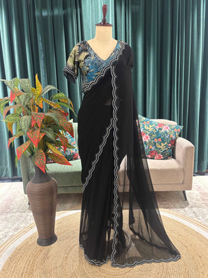 Black Sheer Saree with Scalloped Border and Printed Blouse