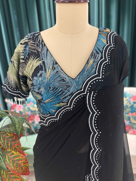 Black Sheer Saree with Scalloped Border and Printed Blouse