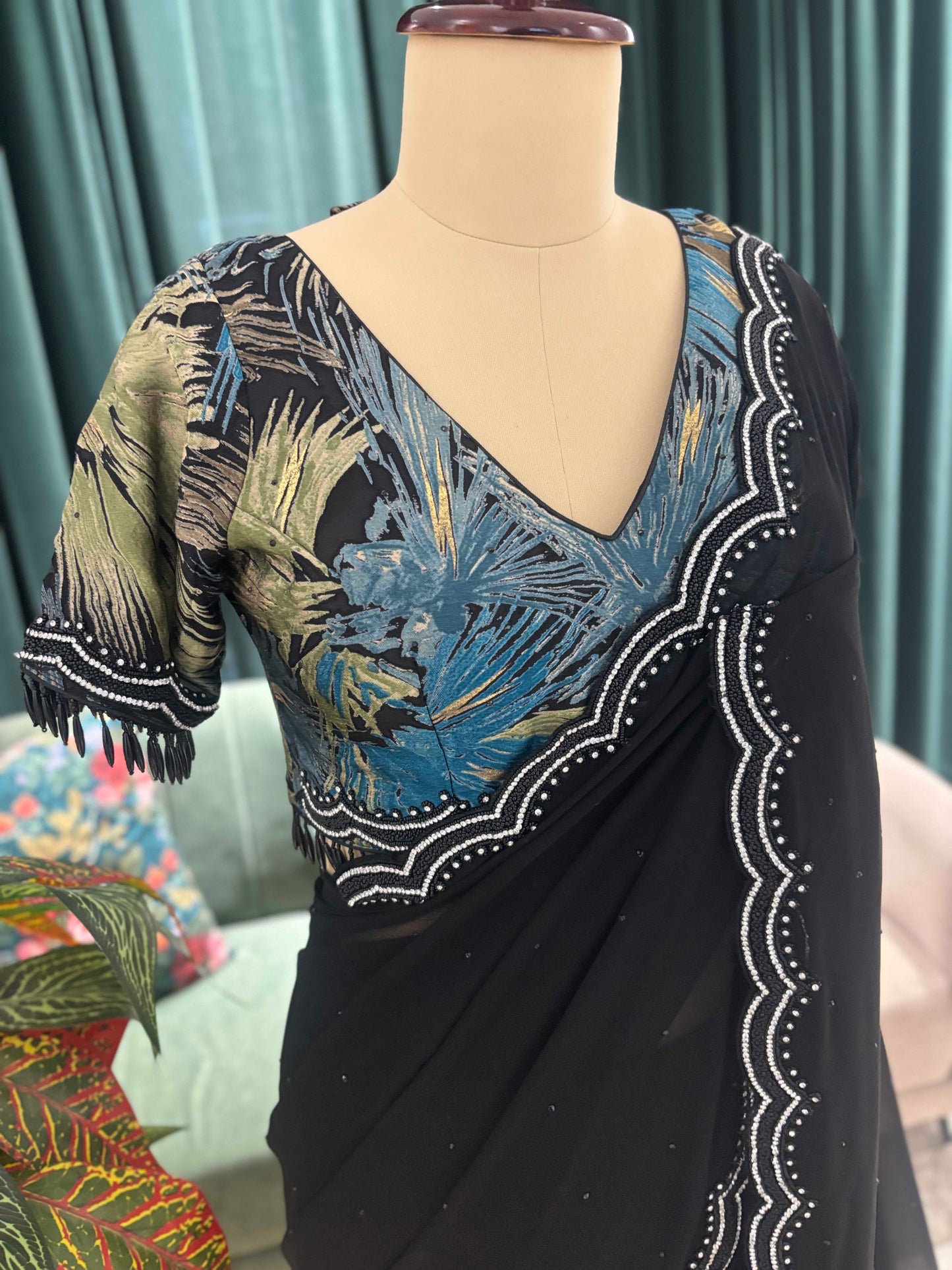 Black Sheer Saree with Scalloped Border and Printed Blouse