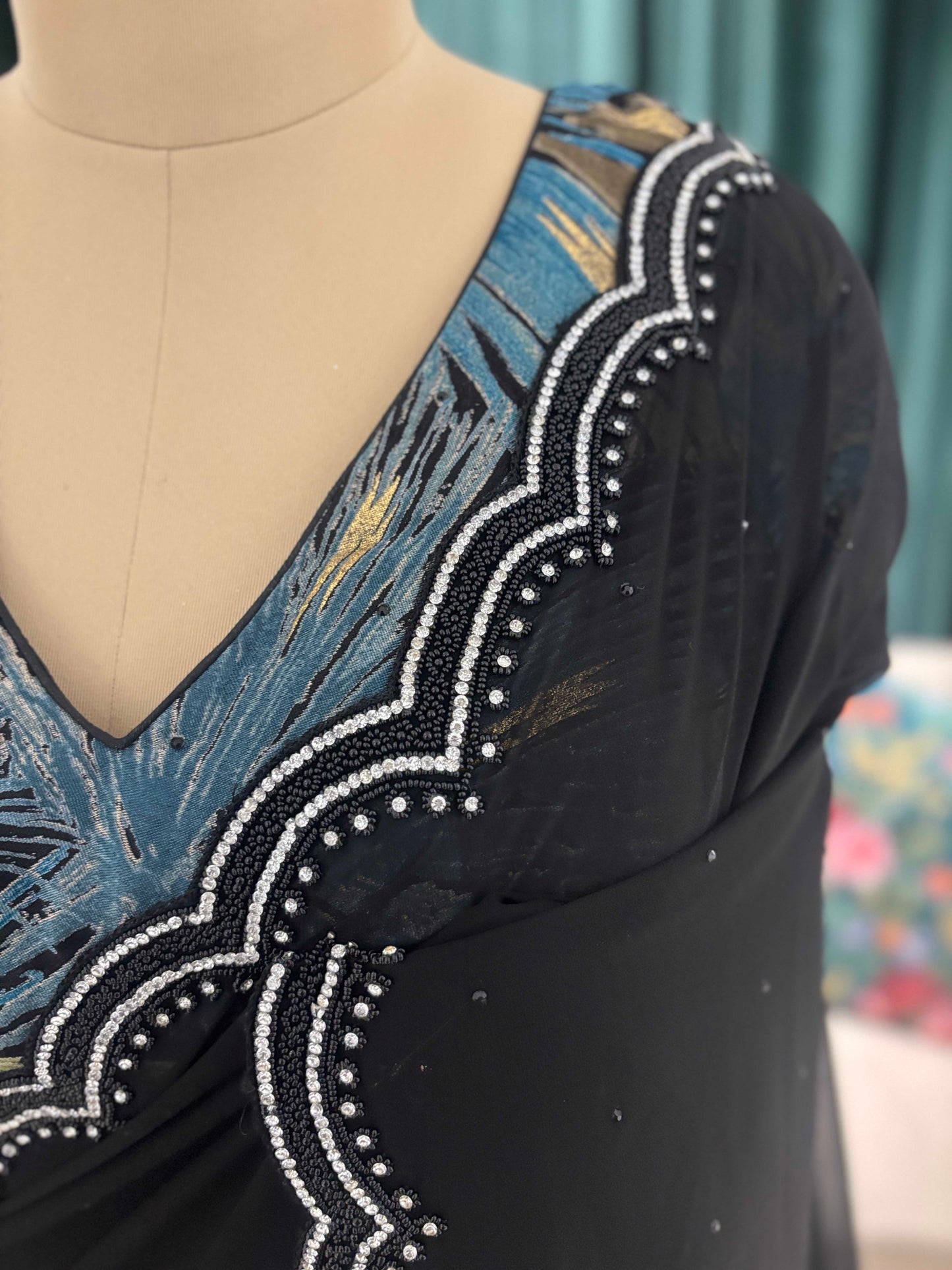 Black Sheer Saree with Scalloped Border and Printed Blouse