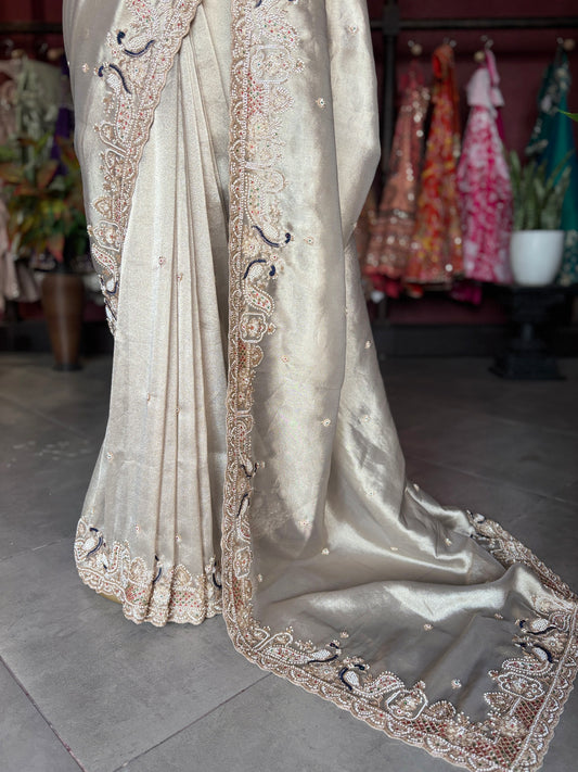 Champagne Gold Designer Saree with Embroidered Border and Heavy Blouse