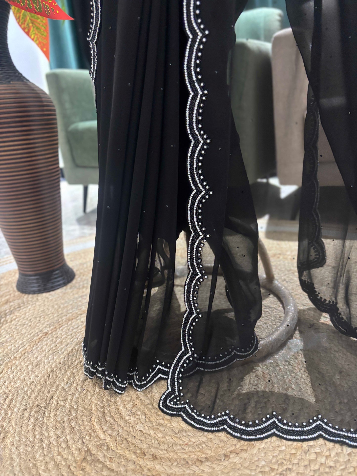 Black Sheer Saree with Scalloped Border and Printed Blouse