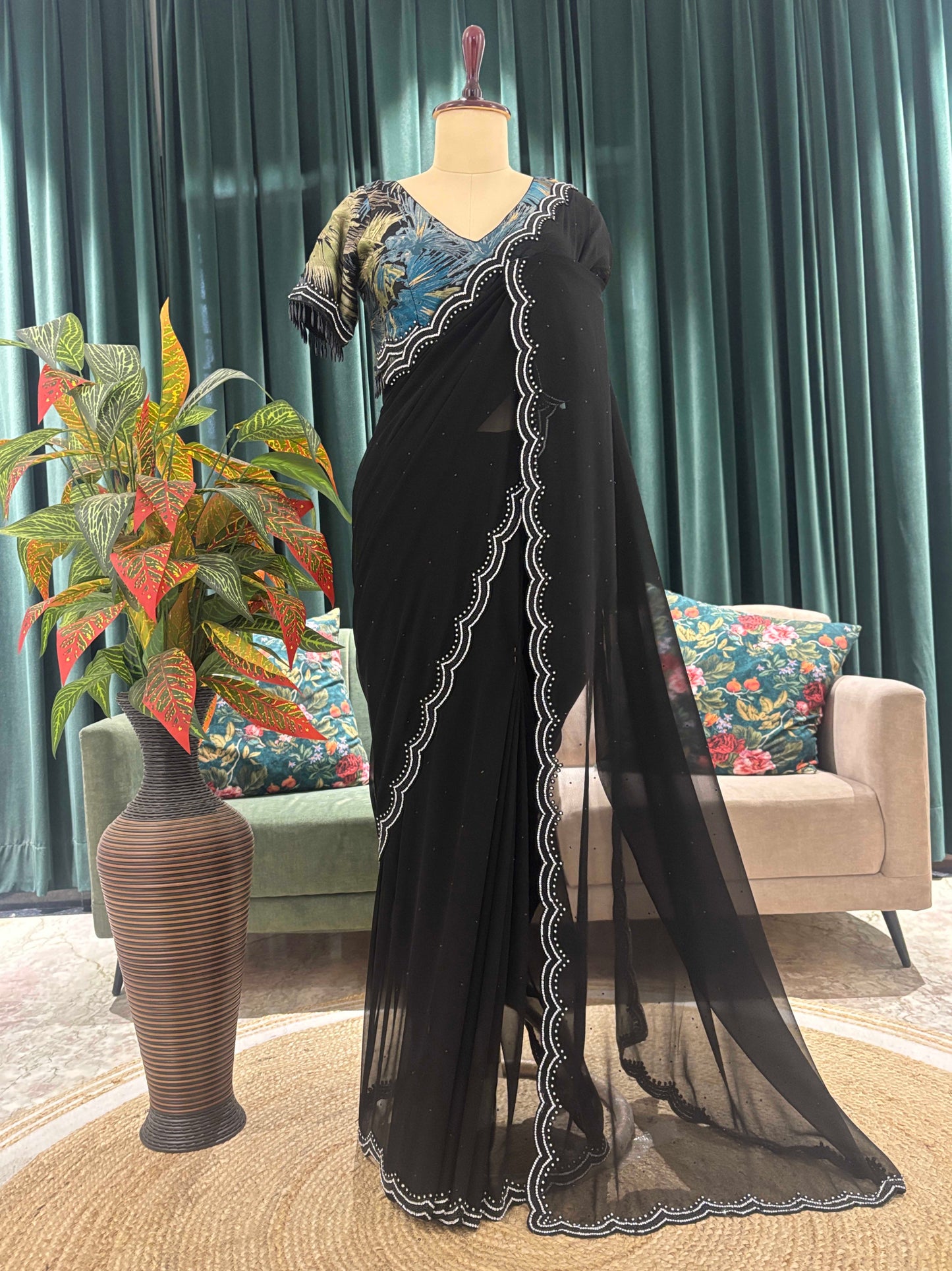 Black Sheer Saree with Scalloped Border and Printed Blouse