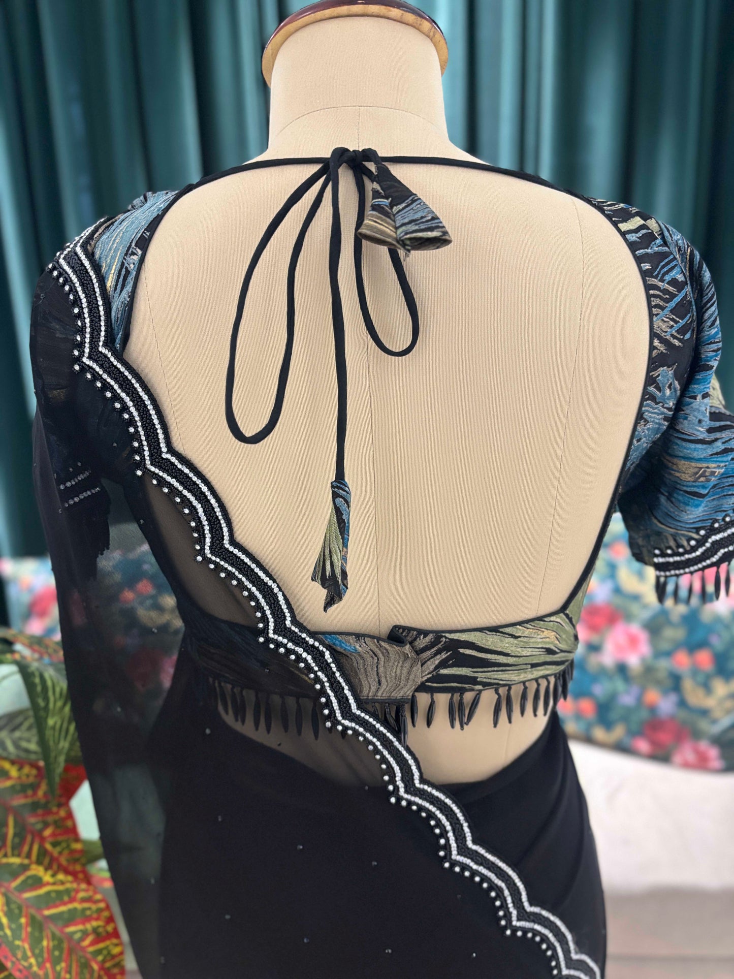 Black Sheer Saree with Scalloped Border and Printed Blouse