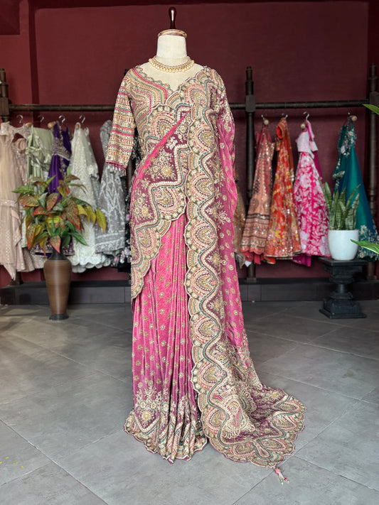 Rani Pink Paisley Designer Saree with Heavy Embroidered Border