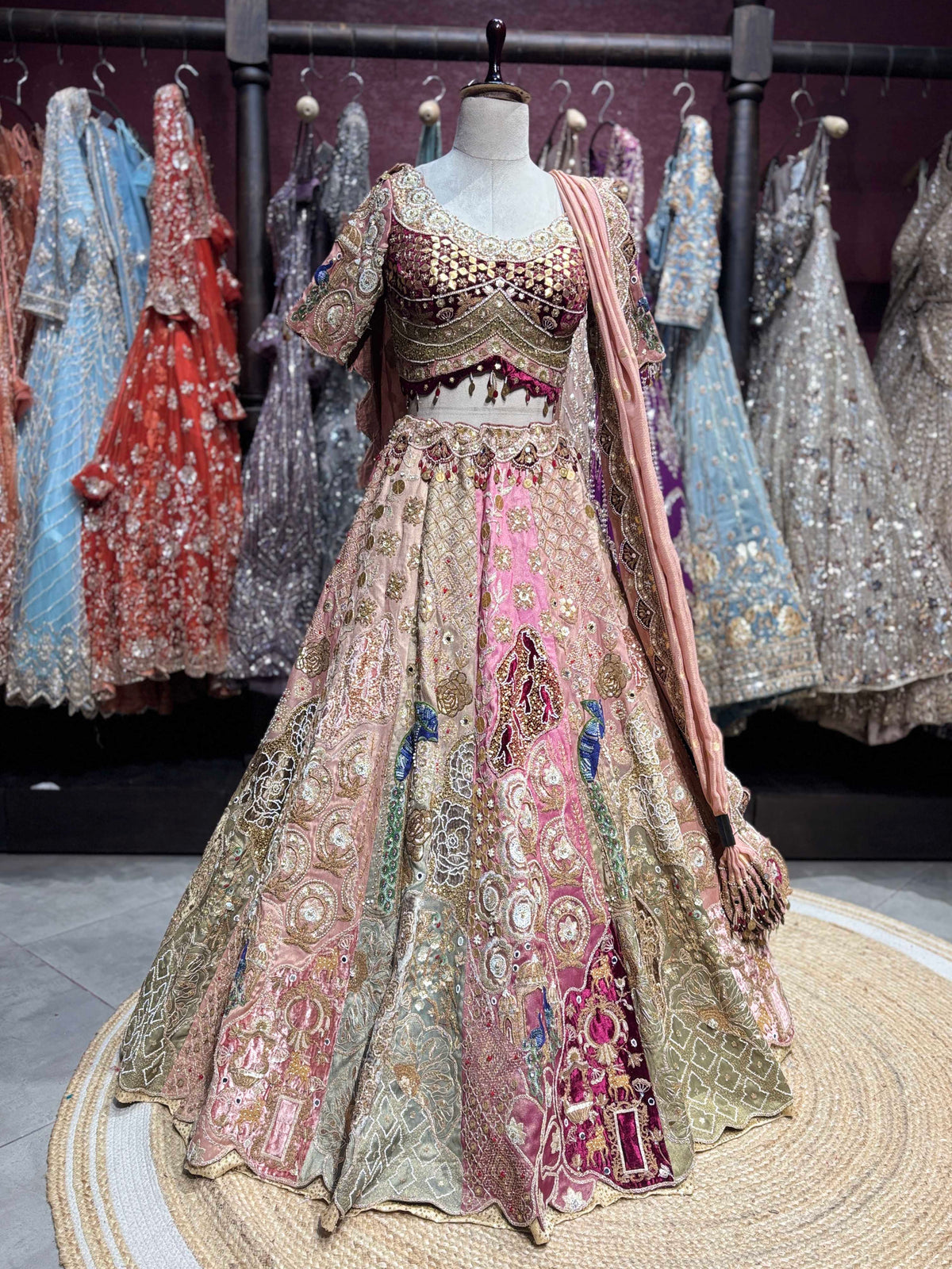 Pastel Pink Multicolor Heavy Embroidered Bridal Lehenga Choli