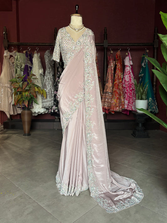 Blush Pink Satin Designer Saree with Silver Embellished Border