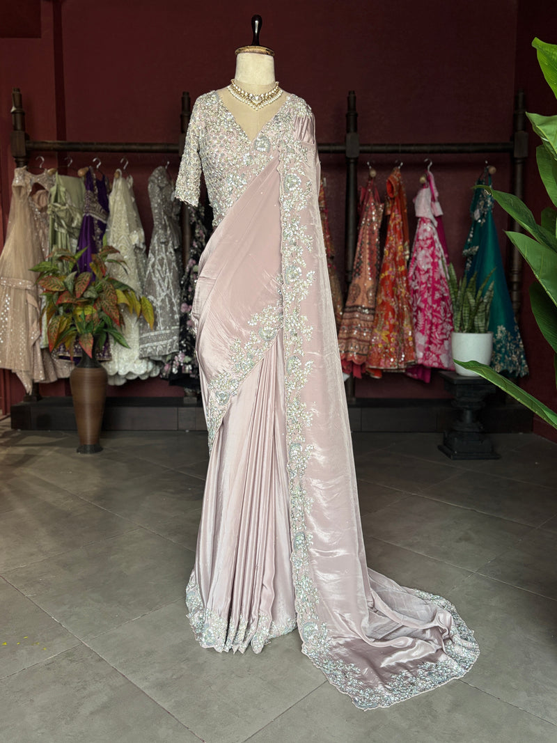 Blush Pink Satin Designer Saree with Silver Embellished Border