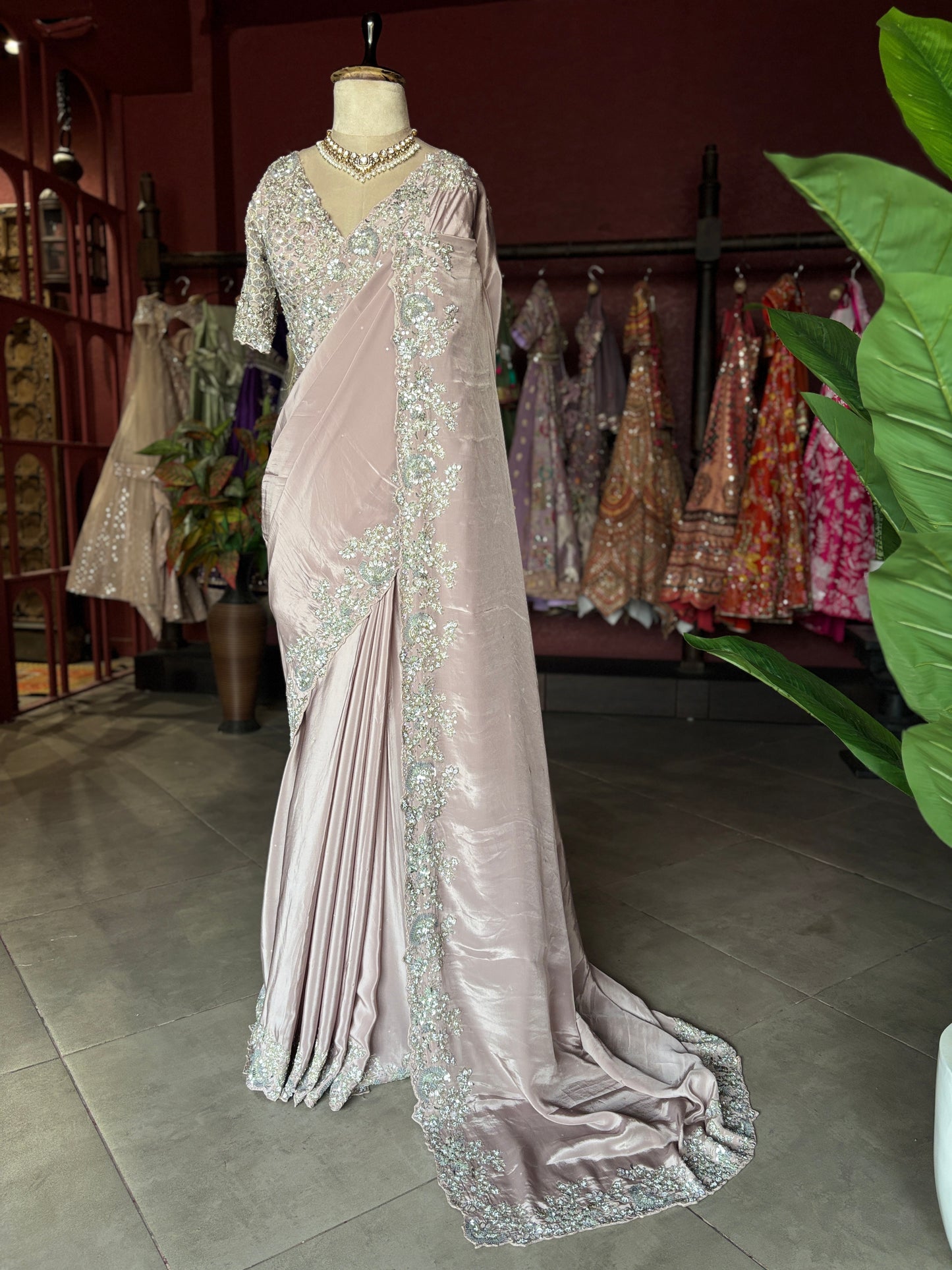 Blush Pink Satin Designer Saree with Silver Embellished Border