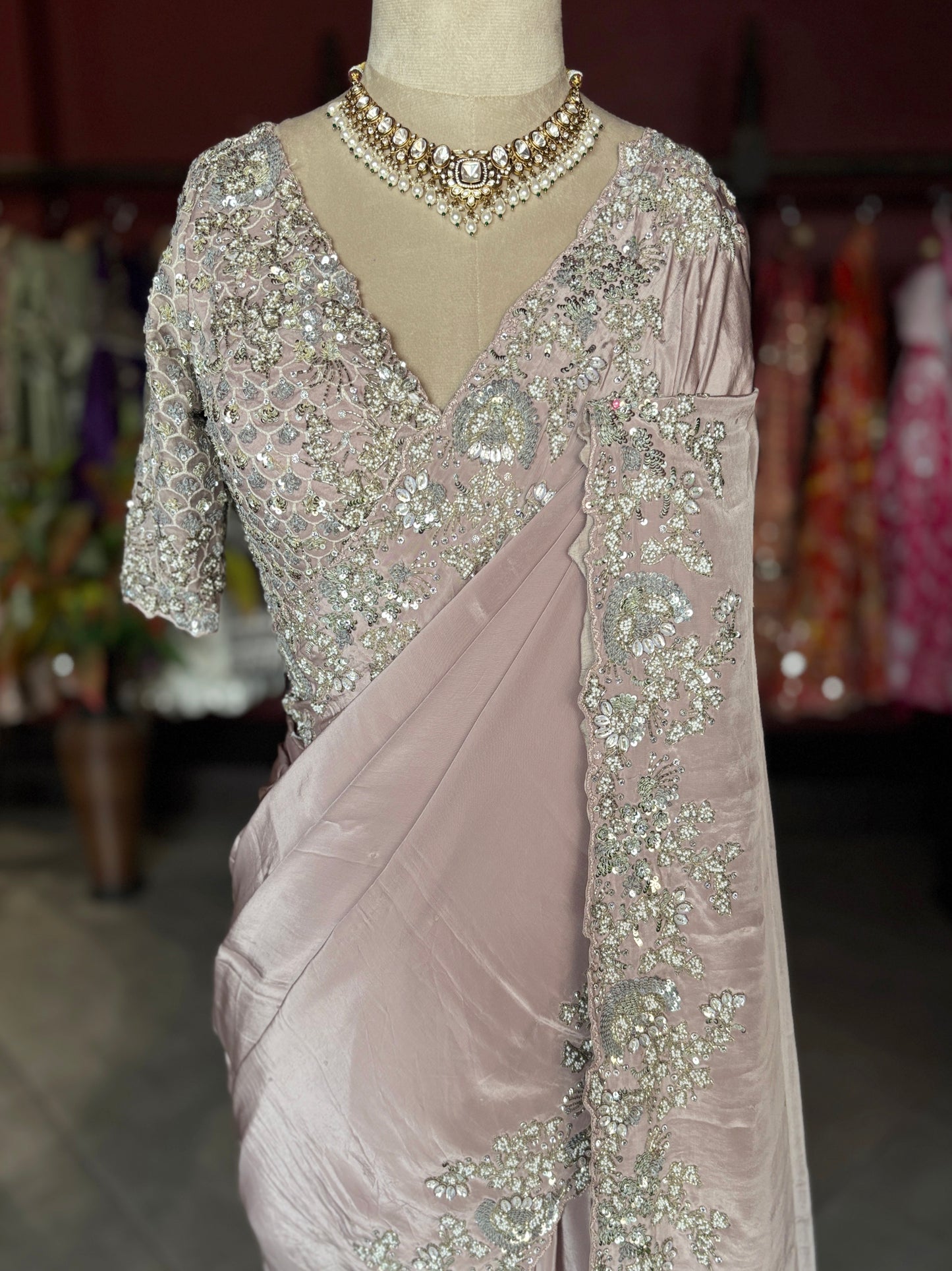 Blush Pink Satin Designer Saree with Silver Embellished Border