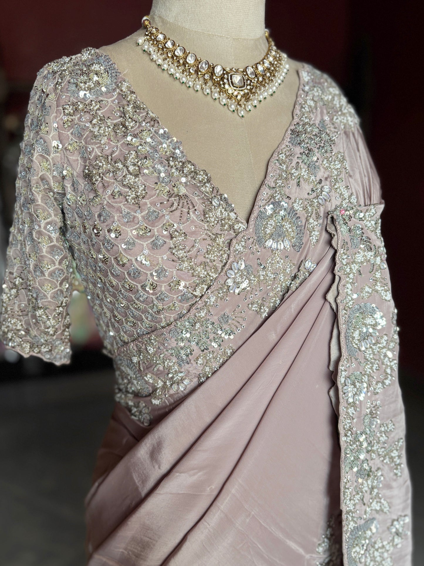 Blush Pink Satin Designer Saree with Silver Embellished Border