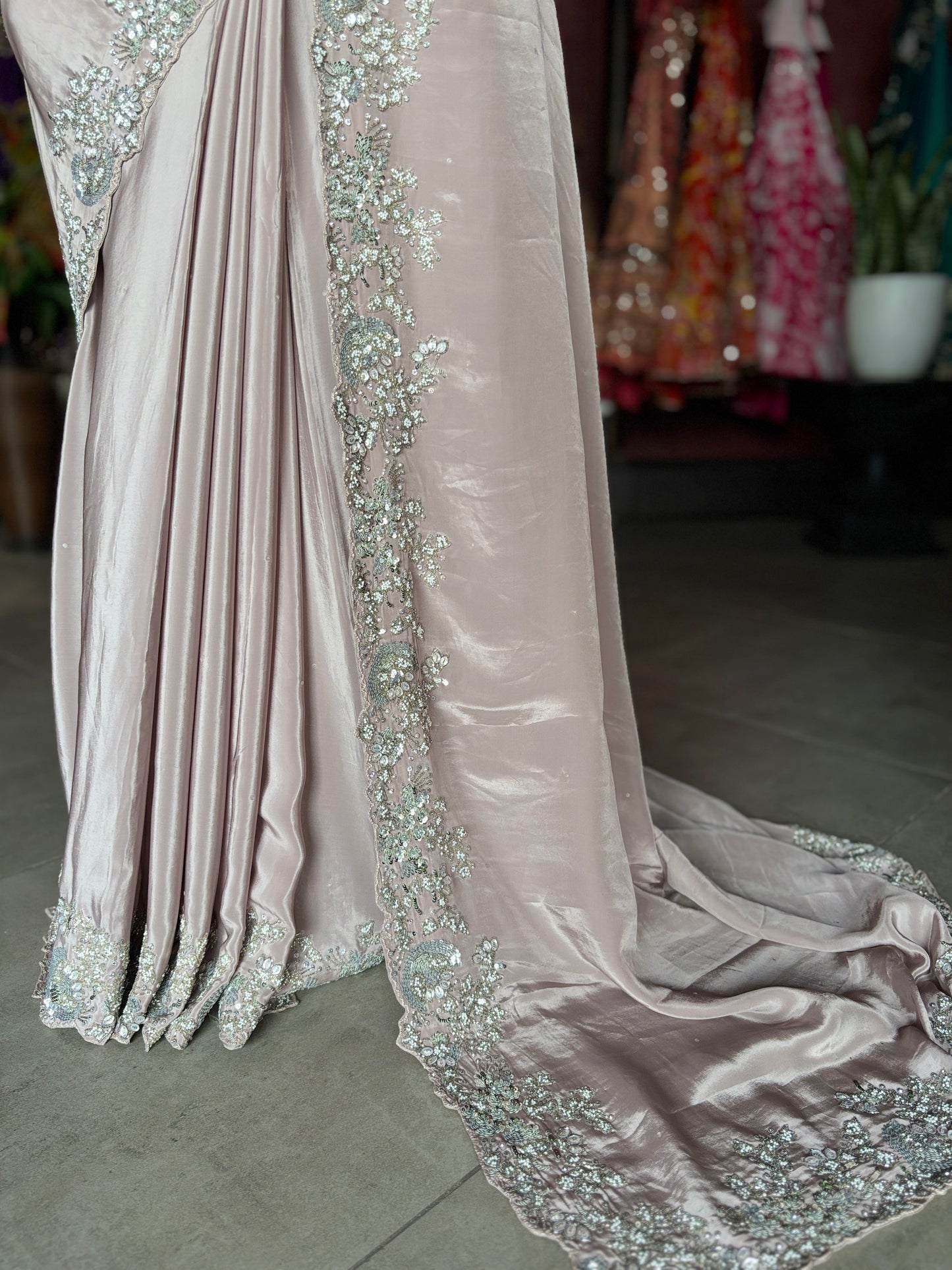 Blush Pink Satin Designer Saree with Silver Embellished Border