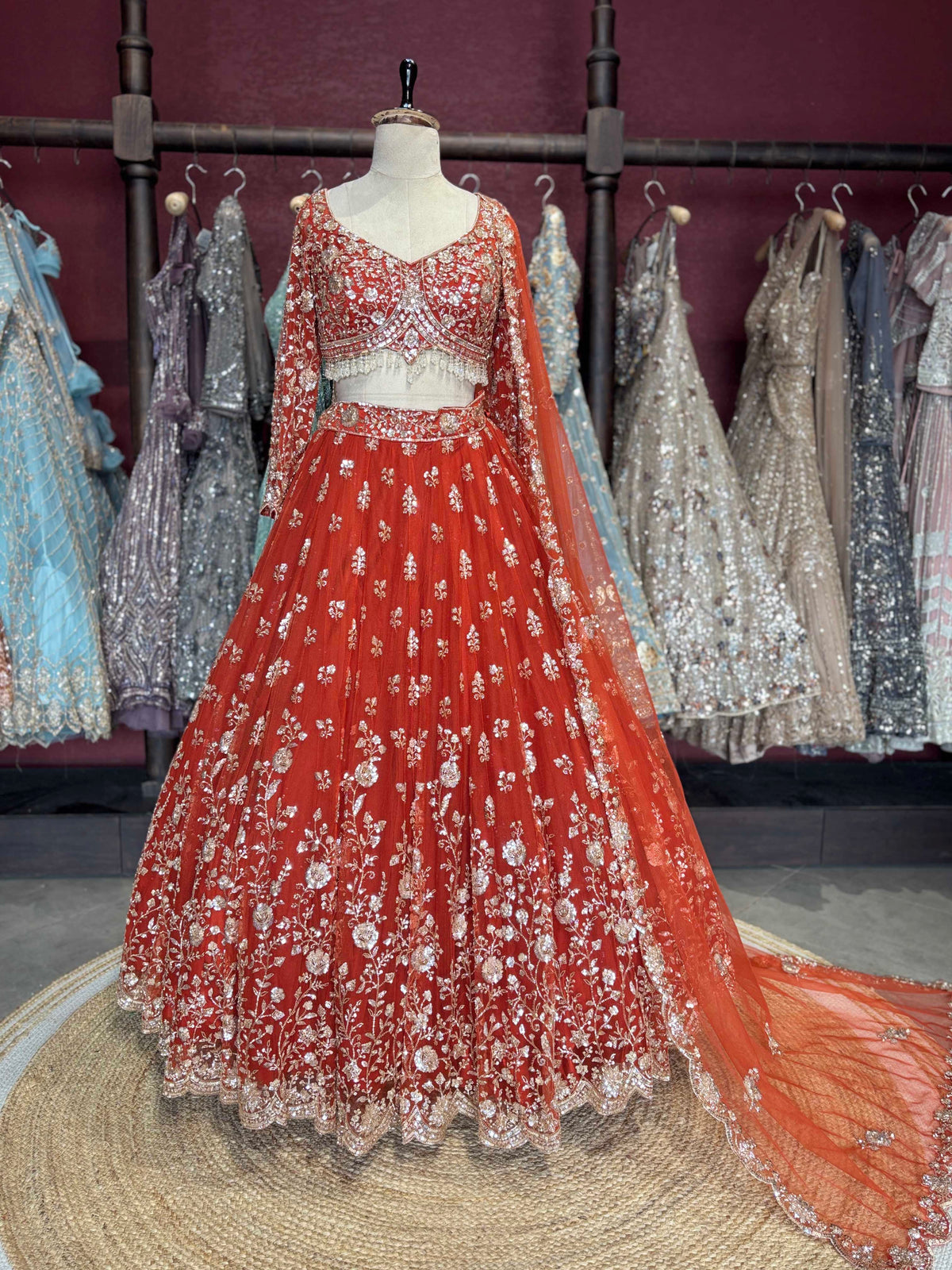 Rust Orange Floral Sequin Embroidered Bridal Lehenga Choli