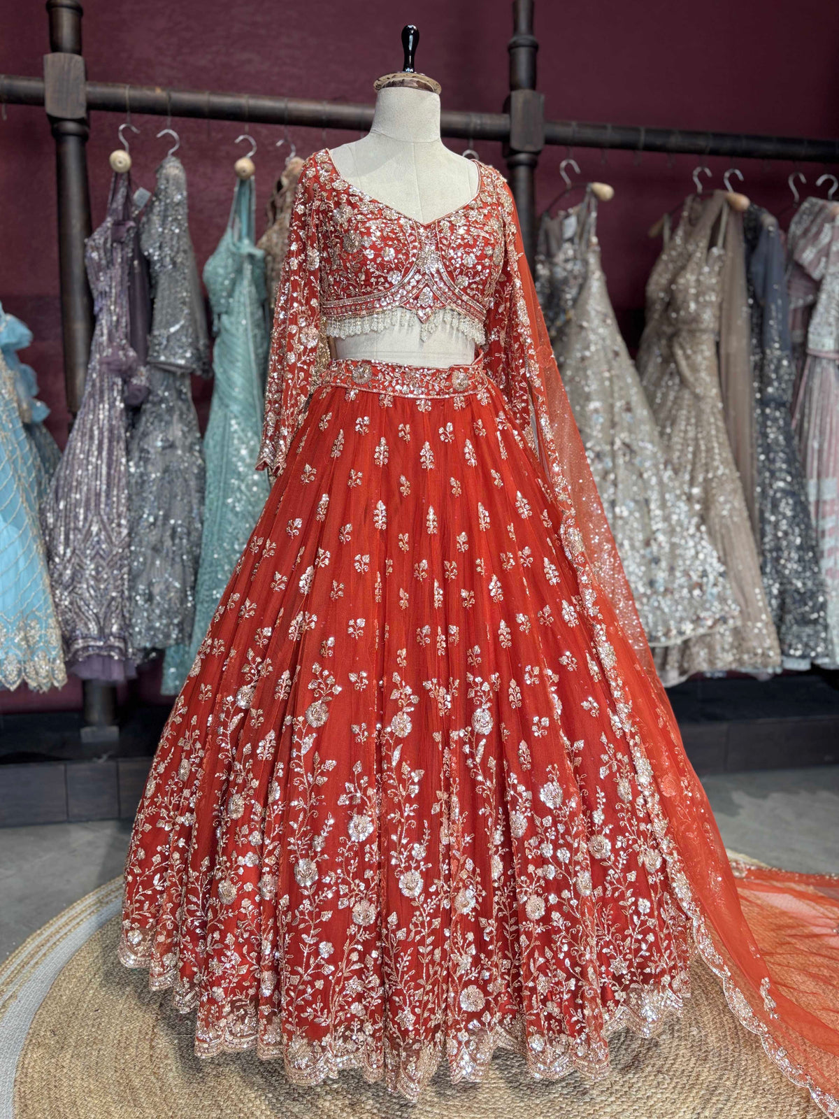 Rust Orange Floral Sequin Embroidered Bridal Lehenga Choli