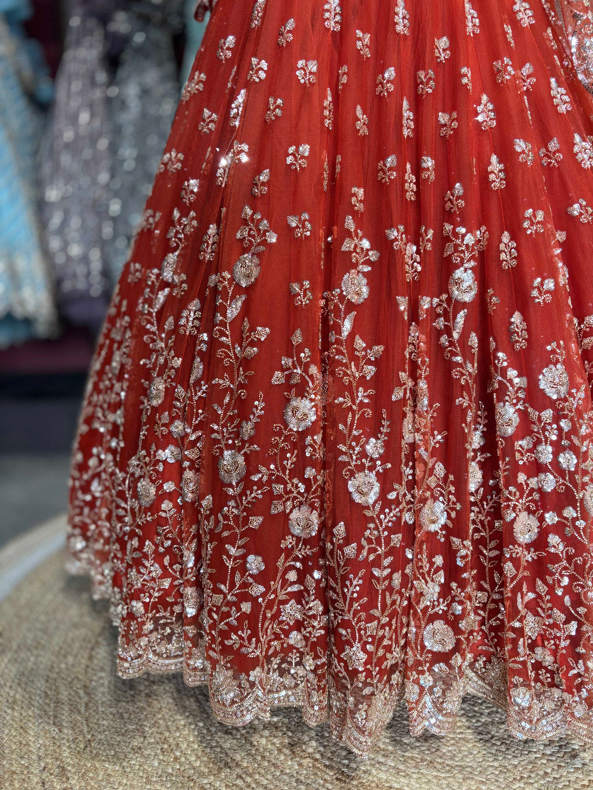 Rust Orange Floral Sequin Embroidered Bridal Lehenga Choli