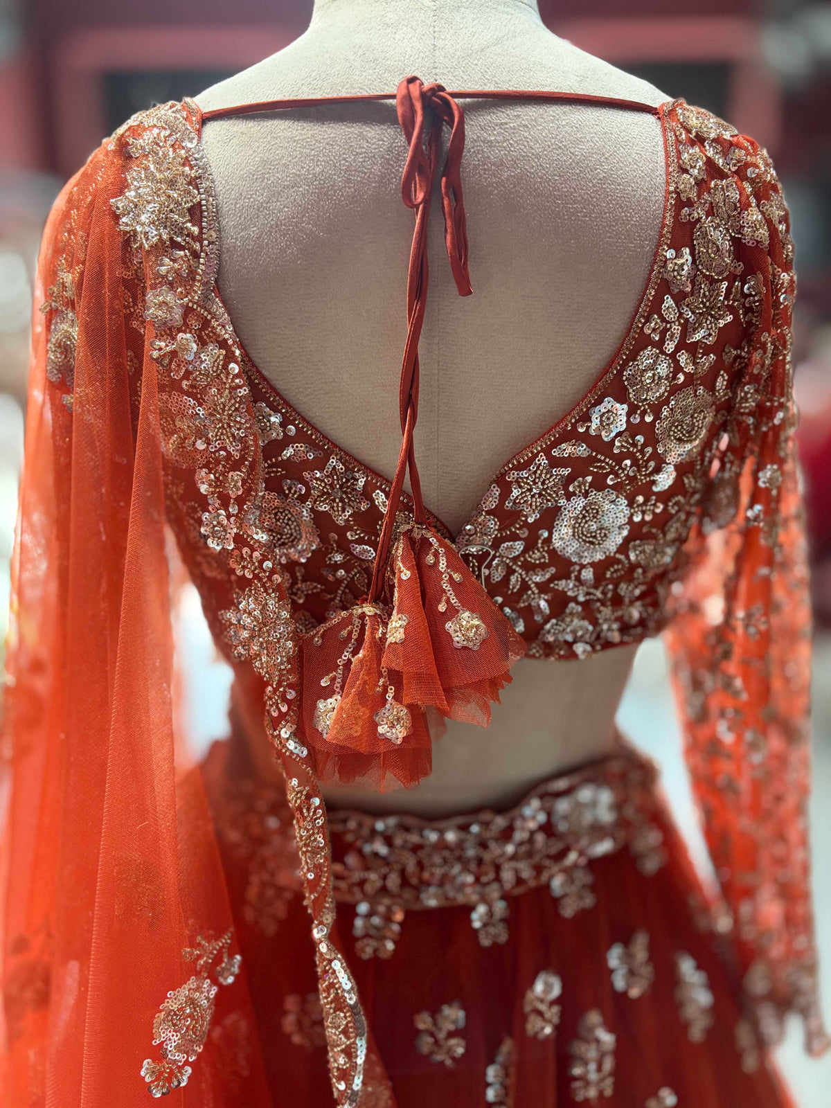 Rust Orange Floral Sequin Embroidered Bridal Lehenga Choli