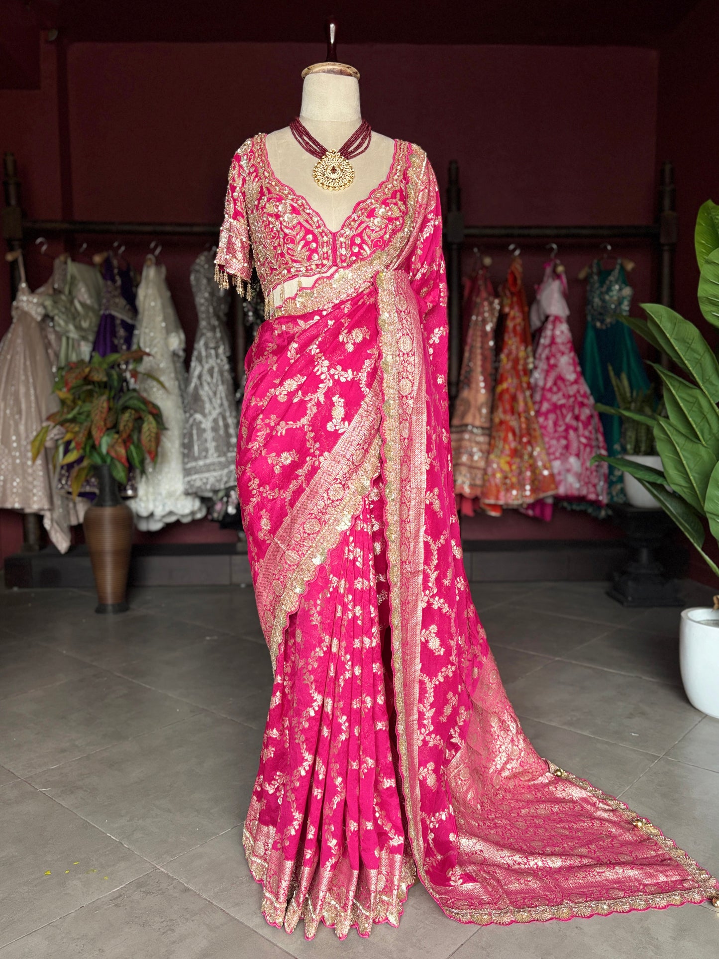 Rani Pink Banarasi Designer Saree with Golden Embroidered Border