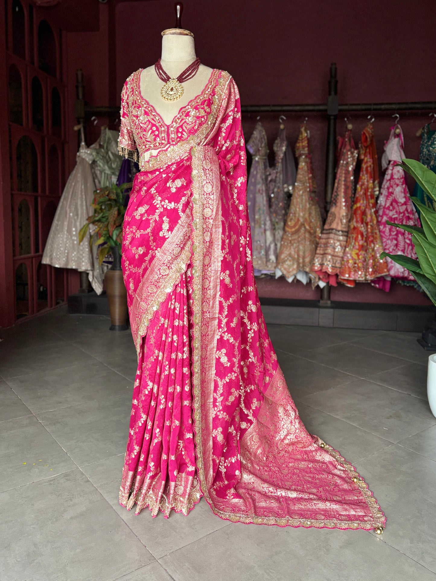 Rani Pink Banarasi Designer Saree with Golden Embroidered Border