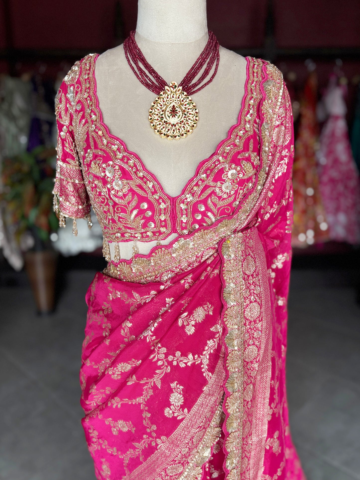 Rani Pink Banarasi Designer Saree with Golden Embroidered Border