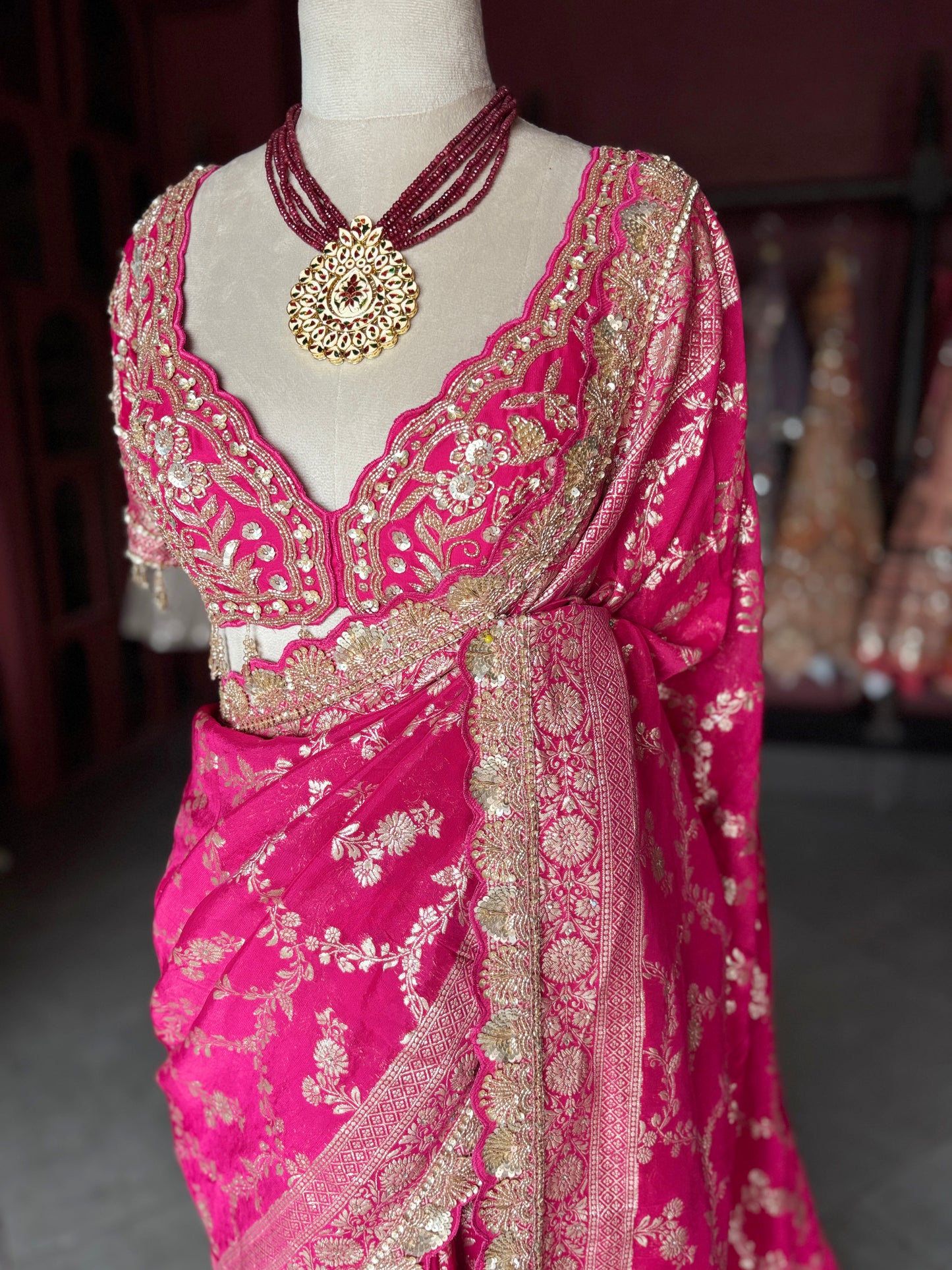 Rani Pink Banarasi Designer Saree with Golden Embroidered Border