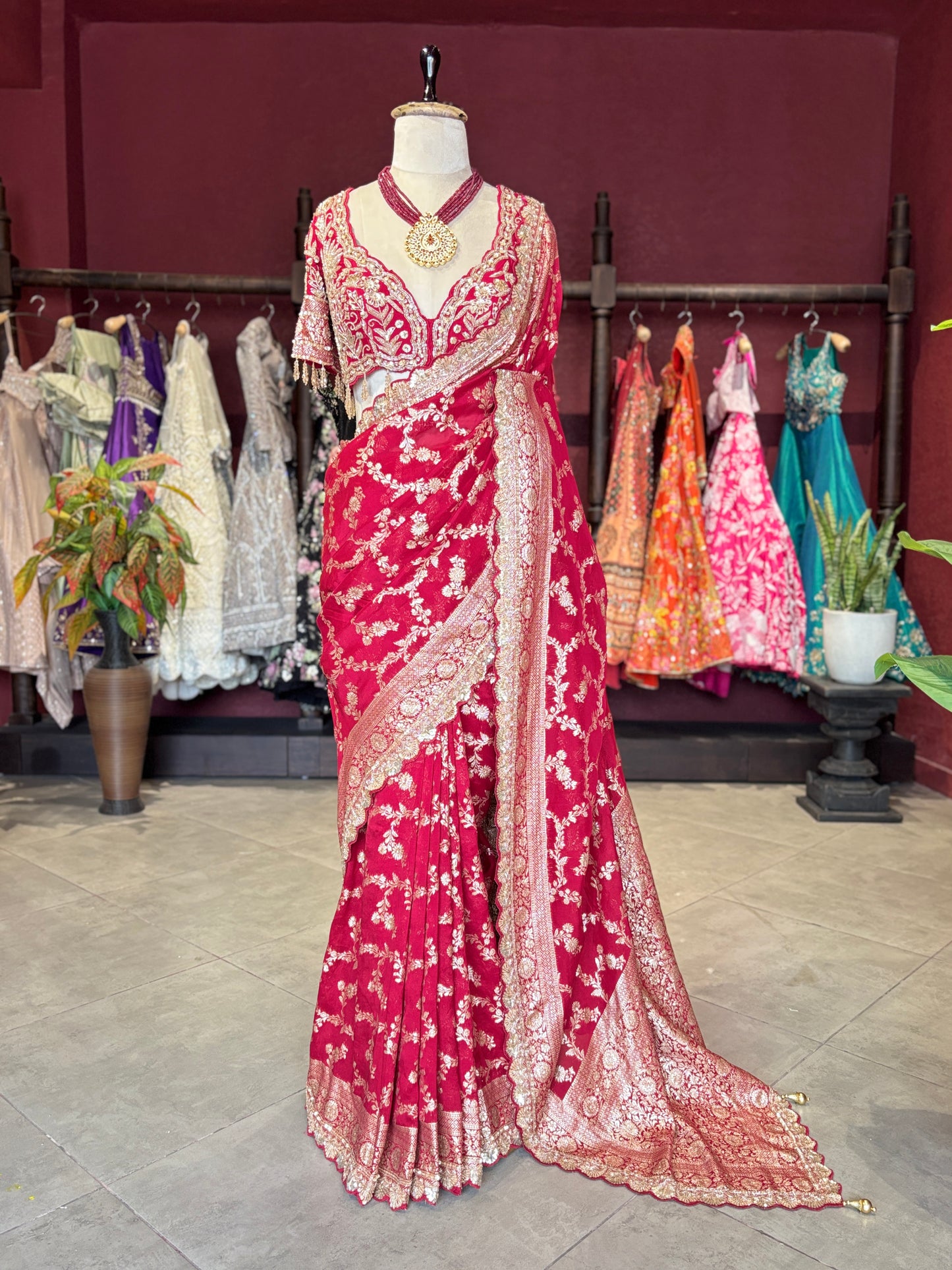 Red Banarasi Designer Saree with Golden Floral Weaving & Heavy Blouse