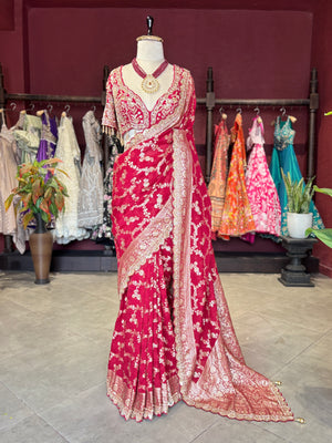 Red Banarasi Designer Saree with Golden Floral Weaving & Heavy Blouse