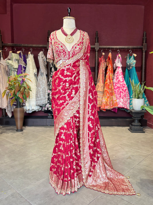 Red Banarasi Designer Saree with Golden Floral Weaving & Heavy Blouse