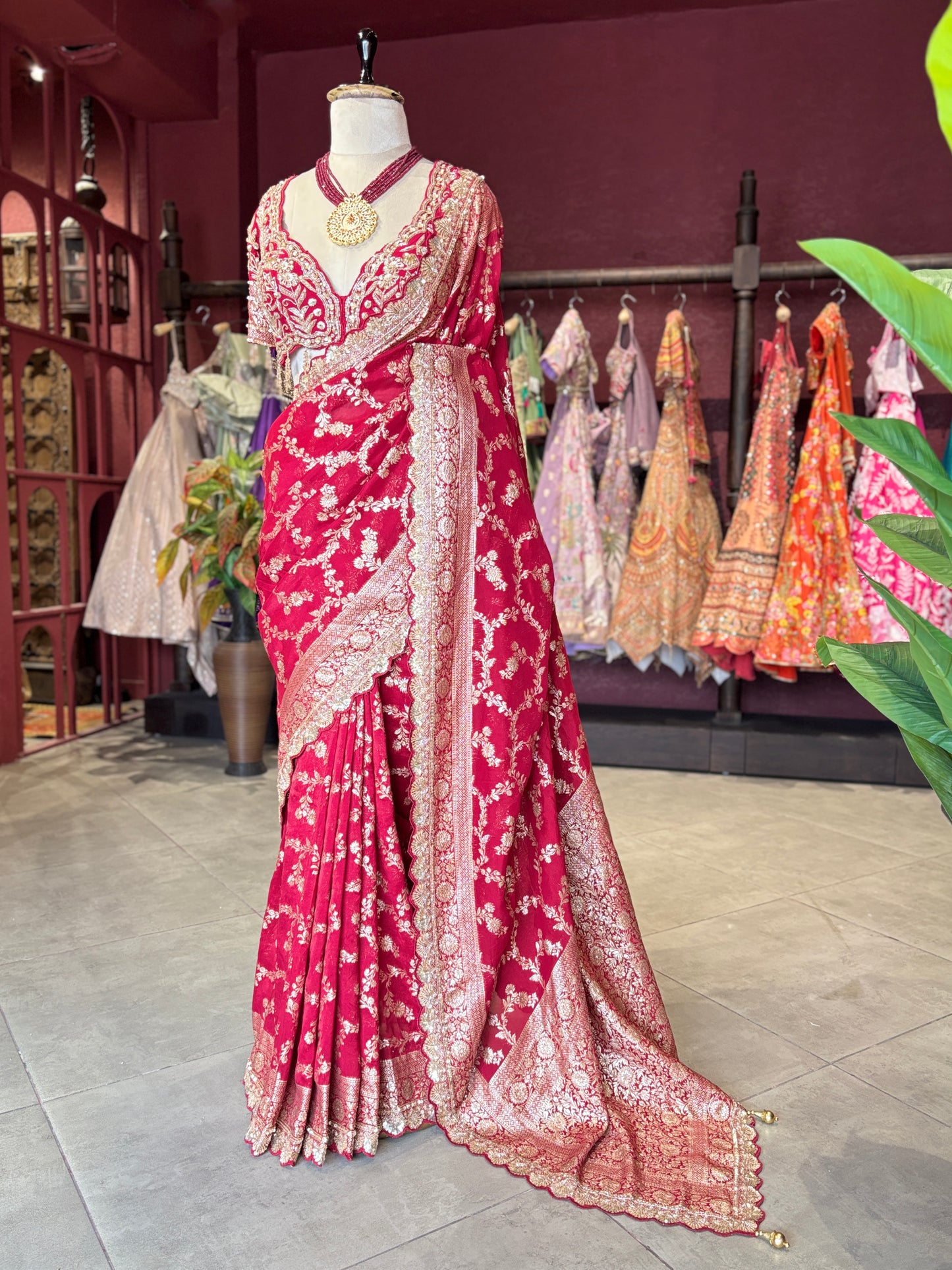Red Banarasi Designer Saree with Golden Floral Weaving & Heavy Blouse