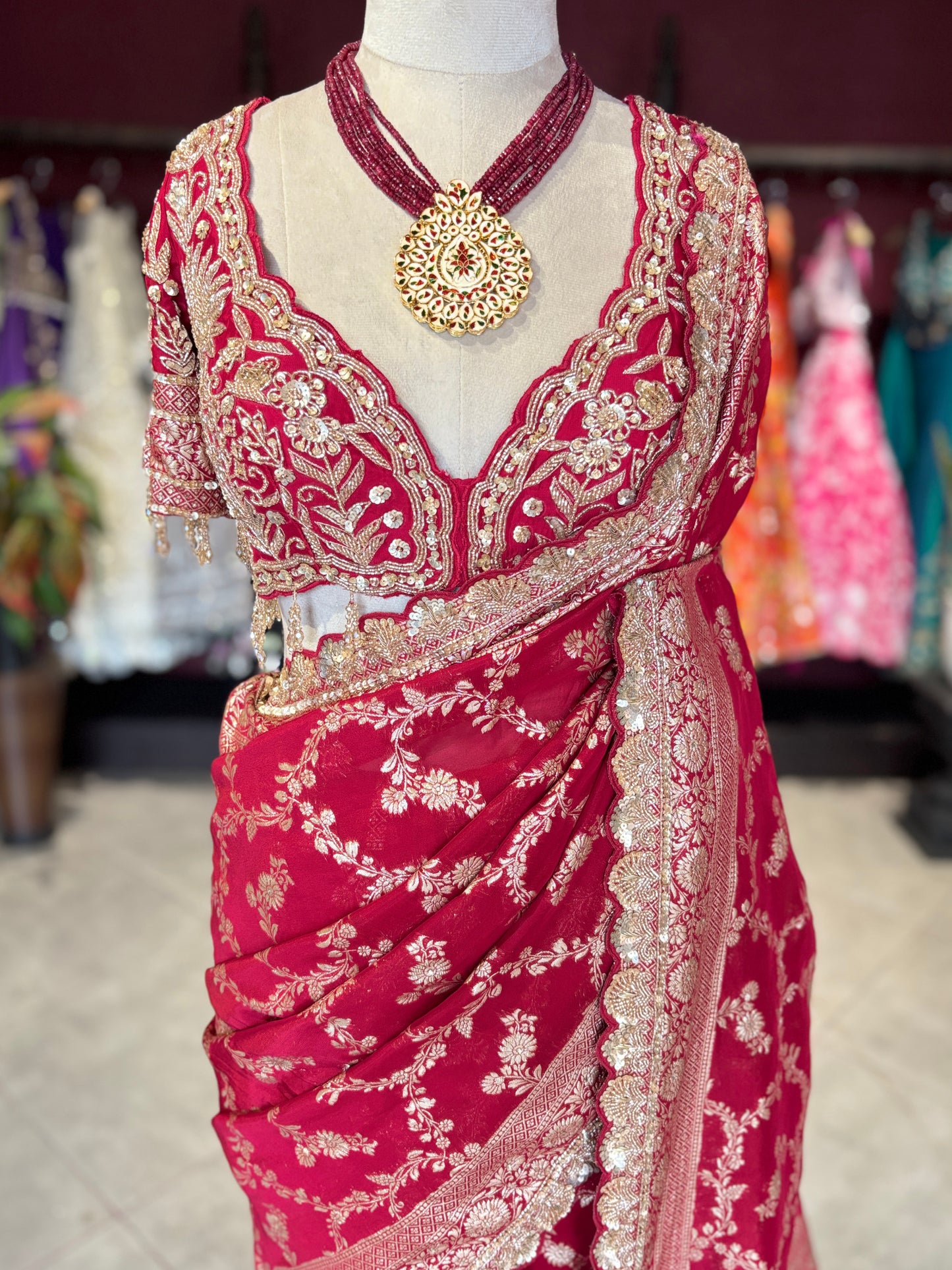 Red Banarasi Designer Saree with Golden Floral Weaving & Heavy Blouse