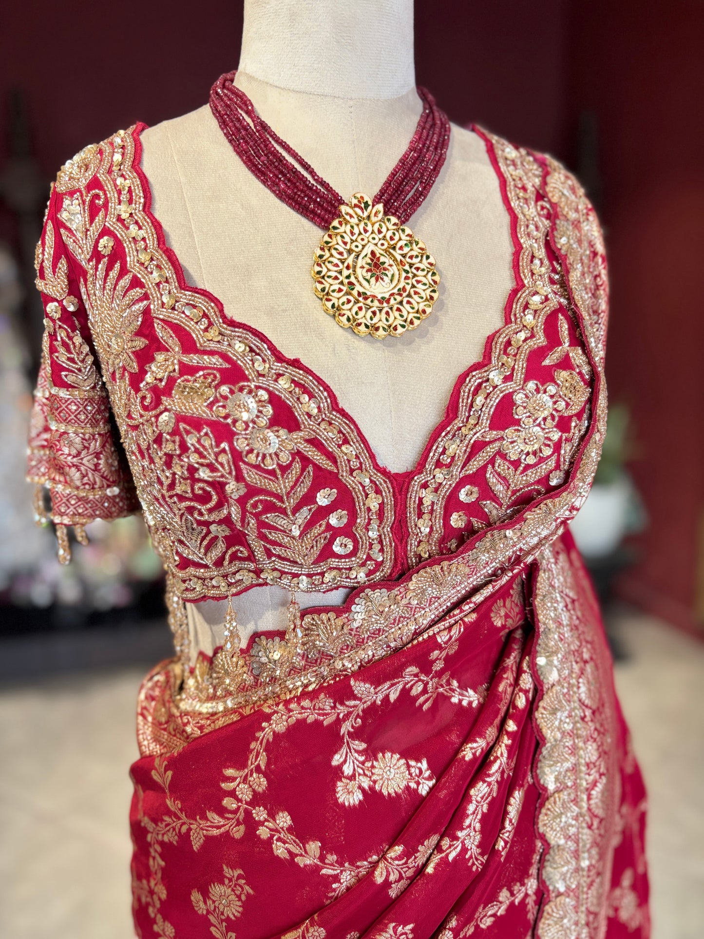 Red Banarasi Designer Saree with Golden Floral Weaving & Heavy Blouse