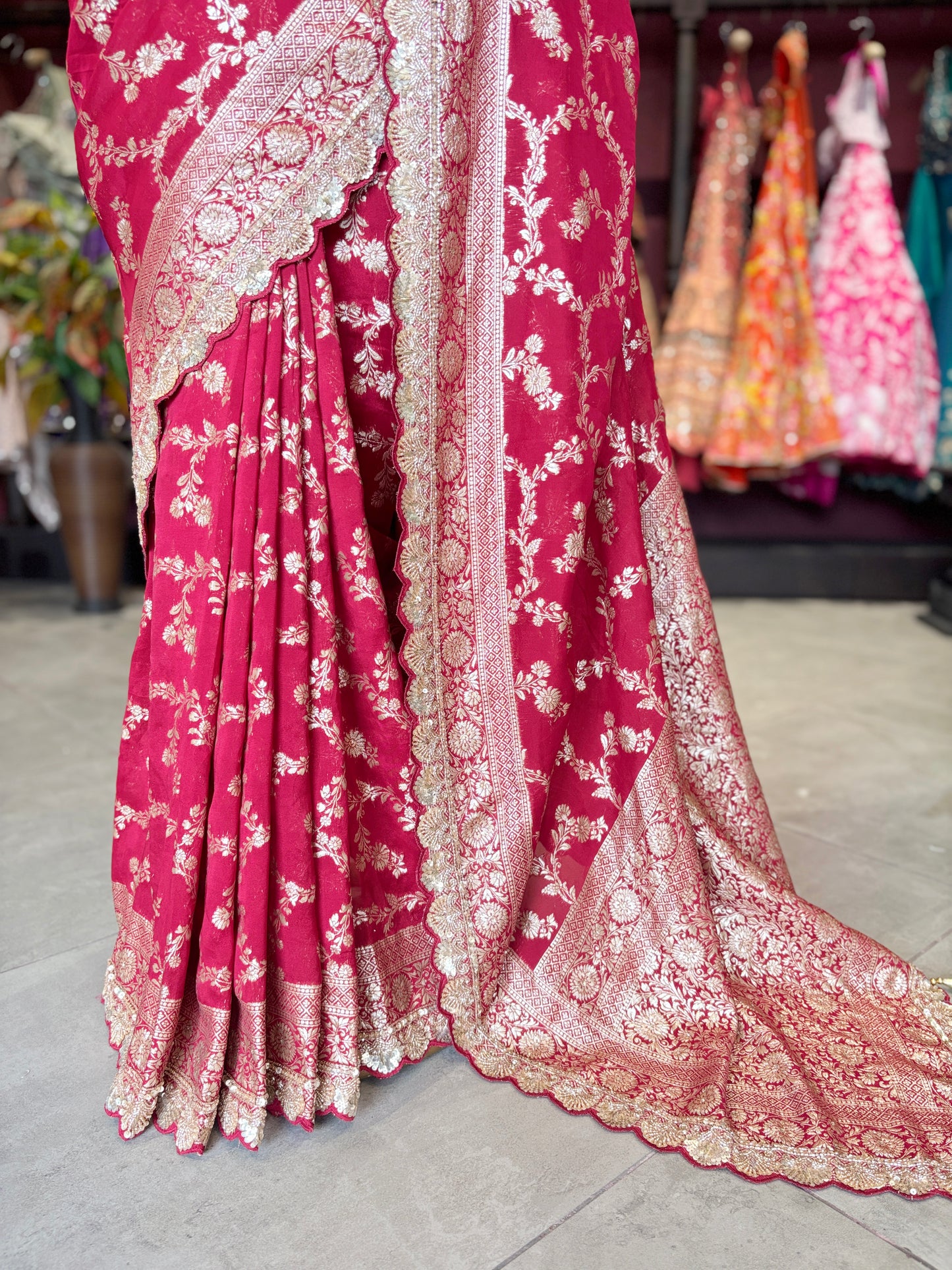 Red Banarasi Designer Saree with Golden Floral Weaving & Heavy Blouse