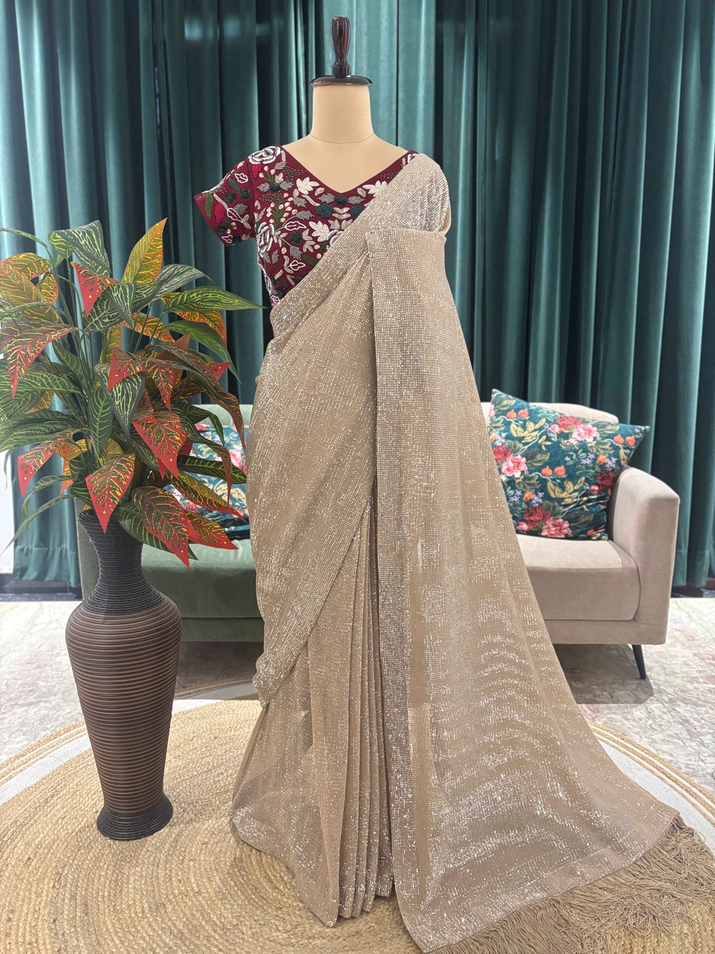 Champagne Golden Saree with Maroon Embroidered Blouse