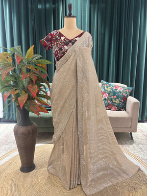 Champagne Golden Saree with Maroon Embroidered Blouse