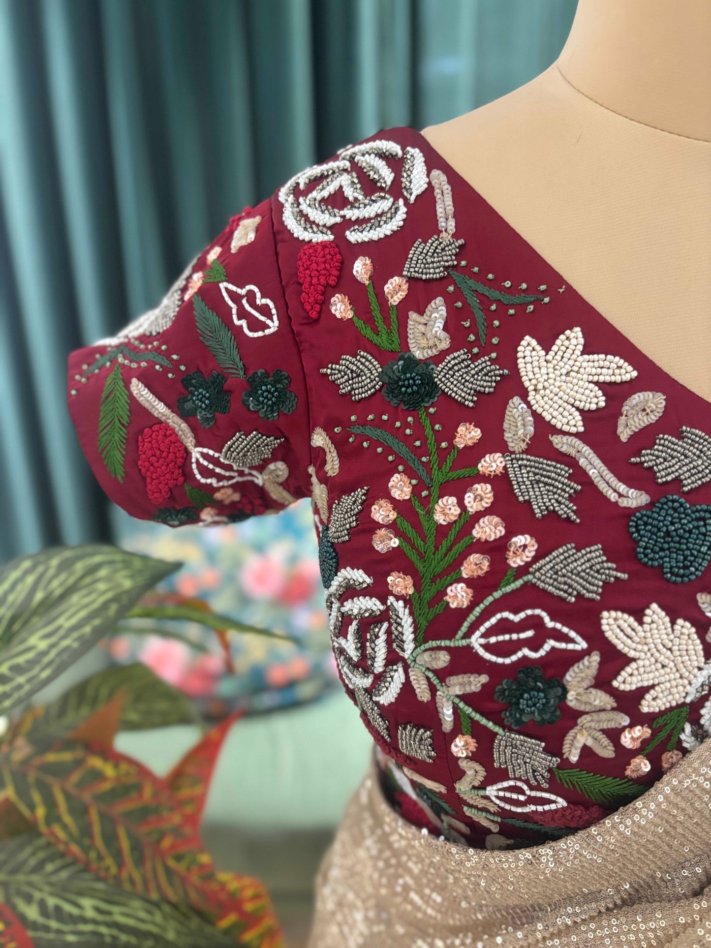 Champagne Golden Saree with Maroon Embroidered Blouse