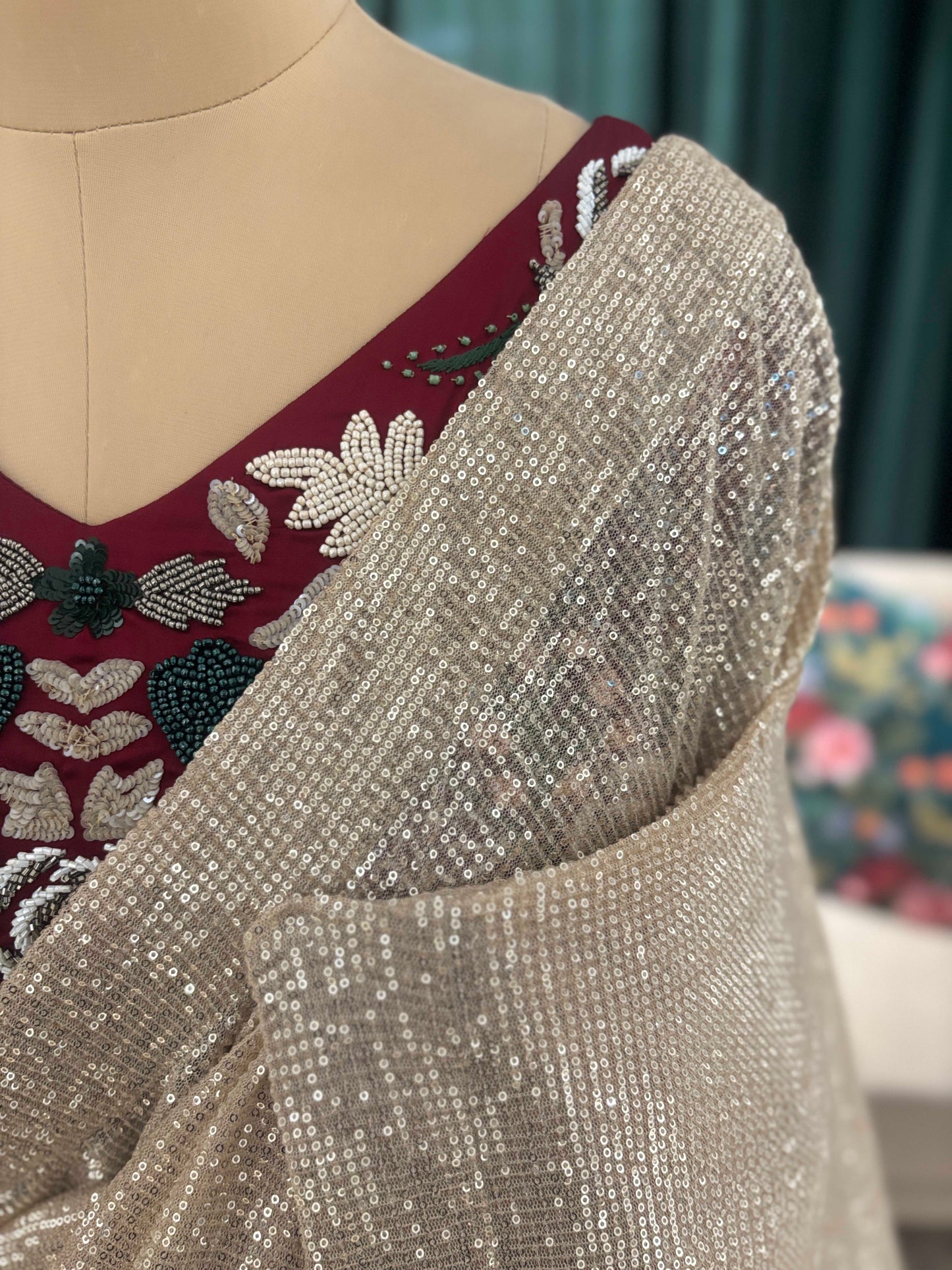 Champagne Golden Saree with Maroon Embroidered Blouse