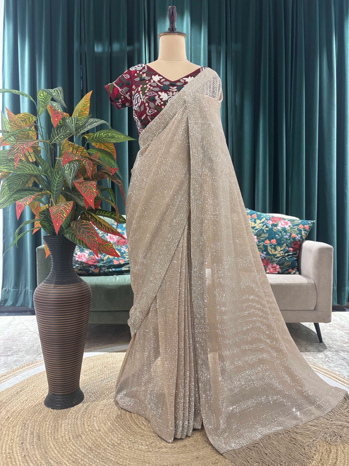 Champagne Golden Saree with Maroon Embroidered Blouse