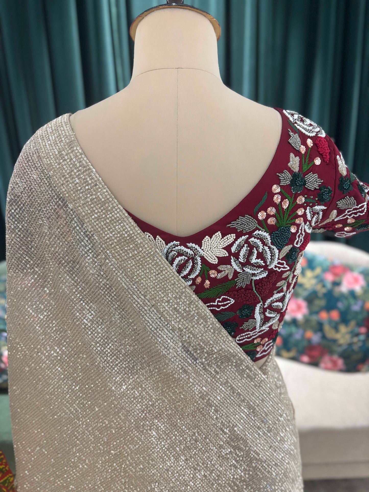 Champagne Golden Saree with Maroon Embroidered Blouse