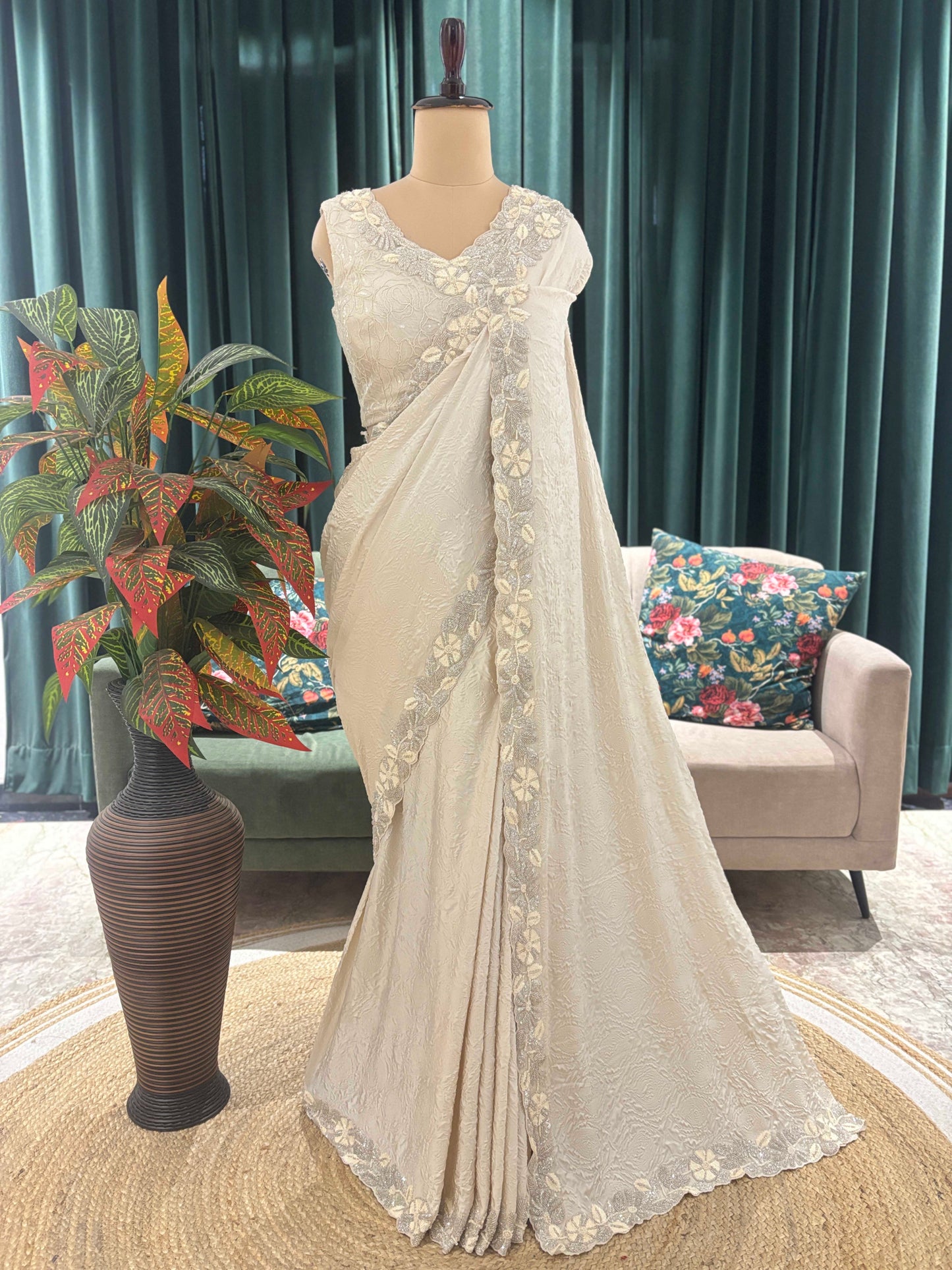 Ivory Embroidered Saree with Elegant Floral Border Work