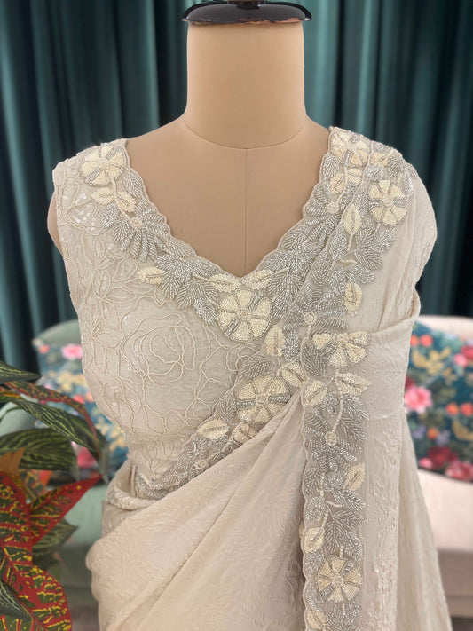 Ivory Embroidered Saree with Elegant Floral Border Work
