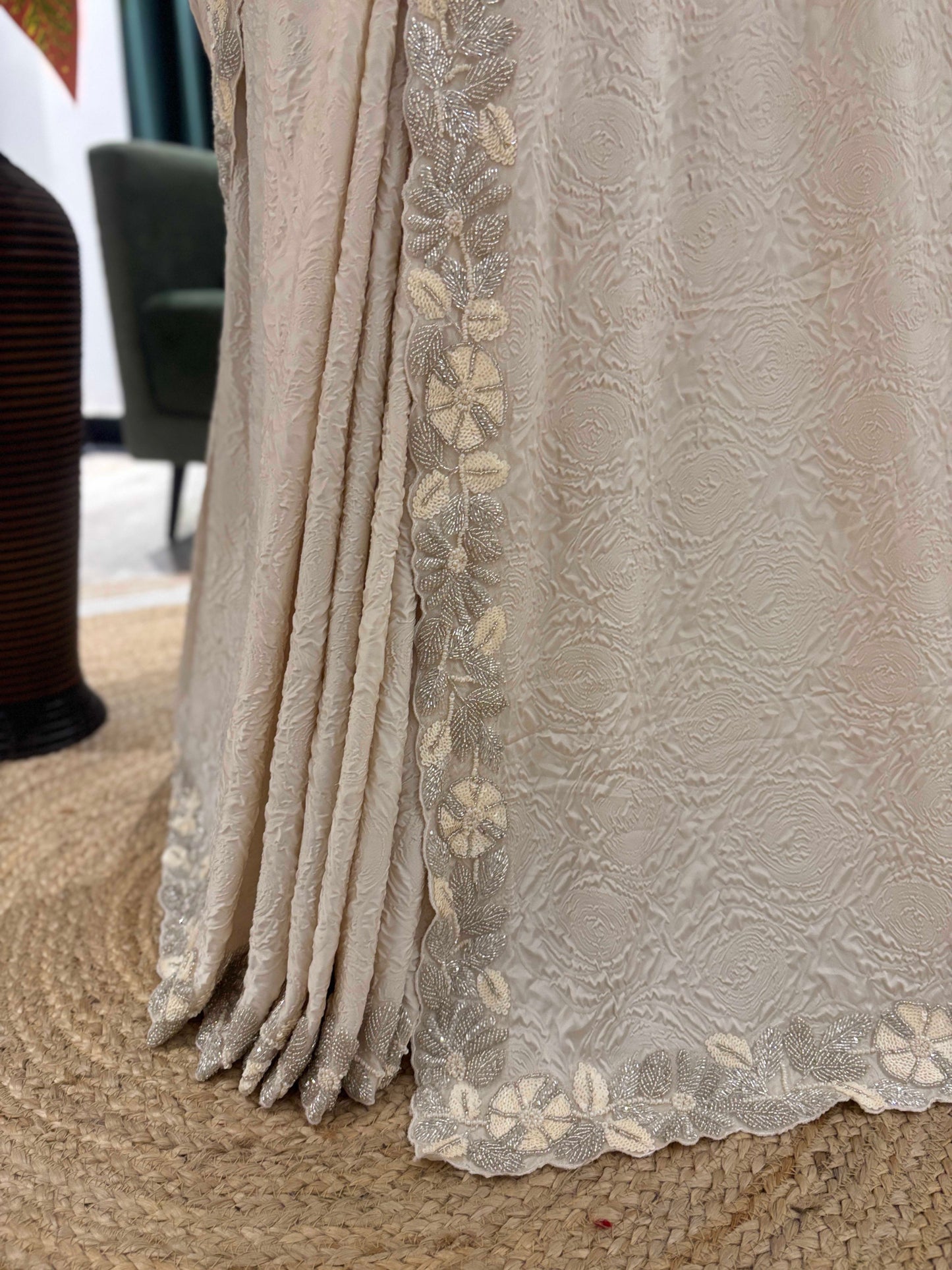 Ivory Embroidered Saree with Elegant Floral Border Work