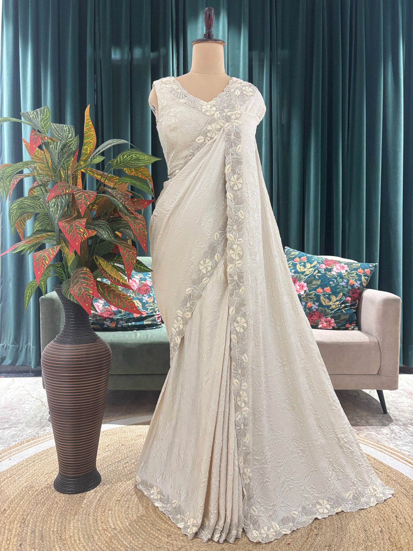 Ivory Embroidered Saree with Elegant Floral Border Work
