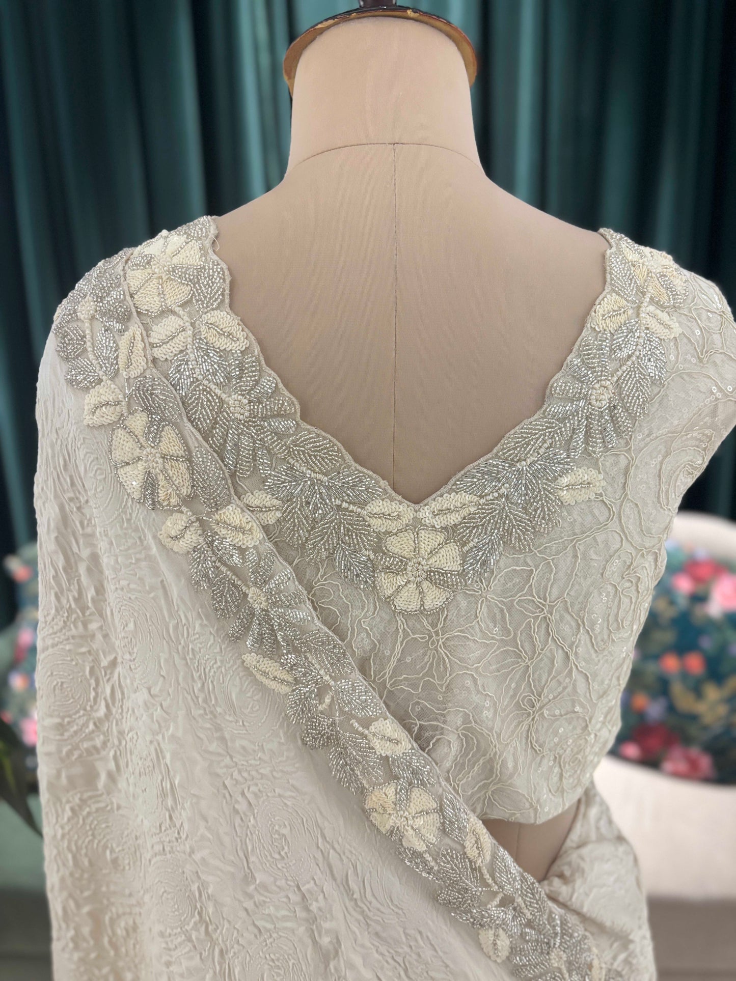 Ivory Embroidered Saree with Elegant Floral Border Work