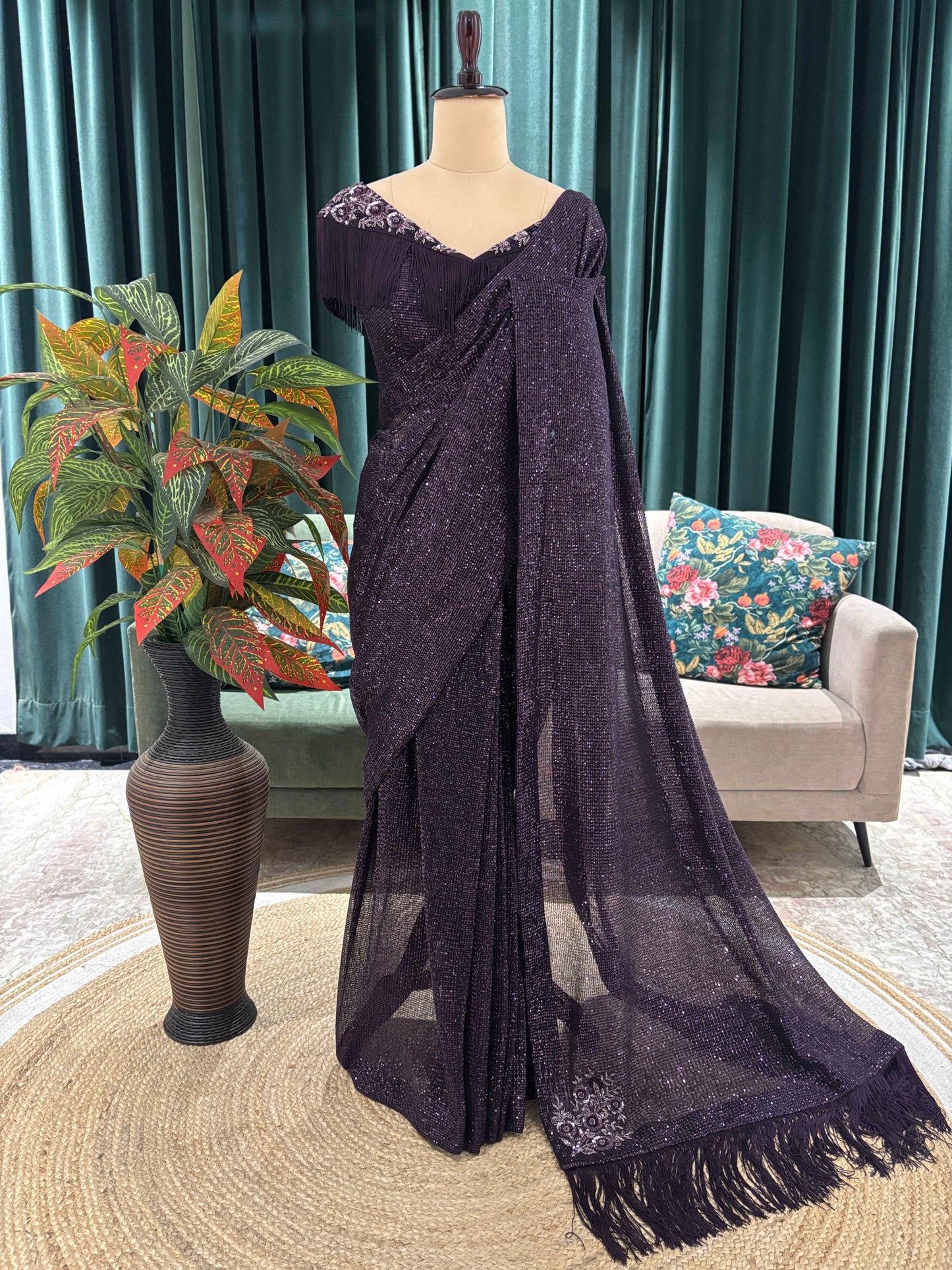 Deep Plum Ner Saree with Fringe Pallu and Embroidered Blouse