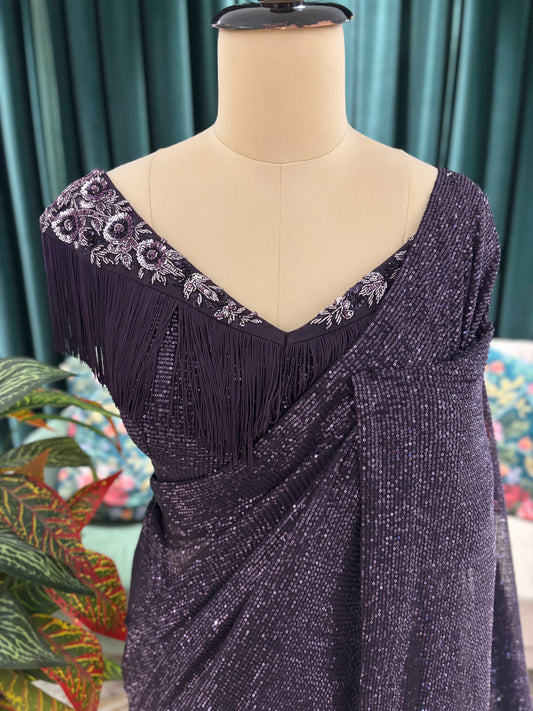 Deep Plum Ner Saree with Fringe Pallu and Embroidered Blouse