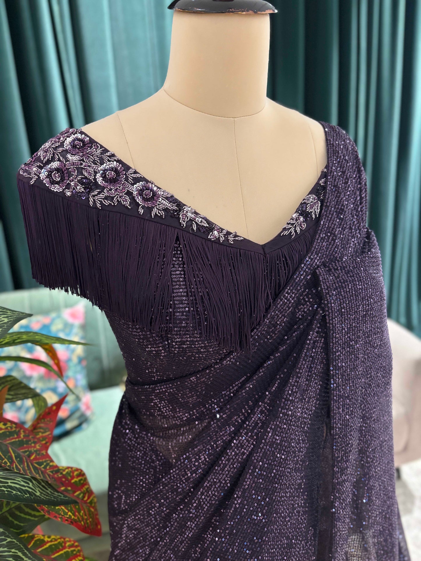 Deep Plum Ner Saree with Fringe Pallu and Embroidered Blouse