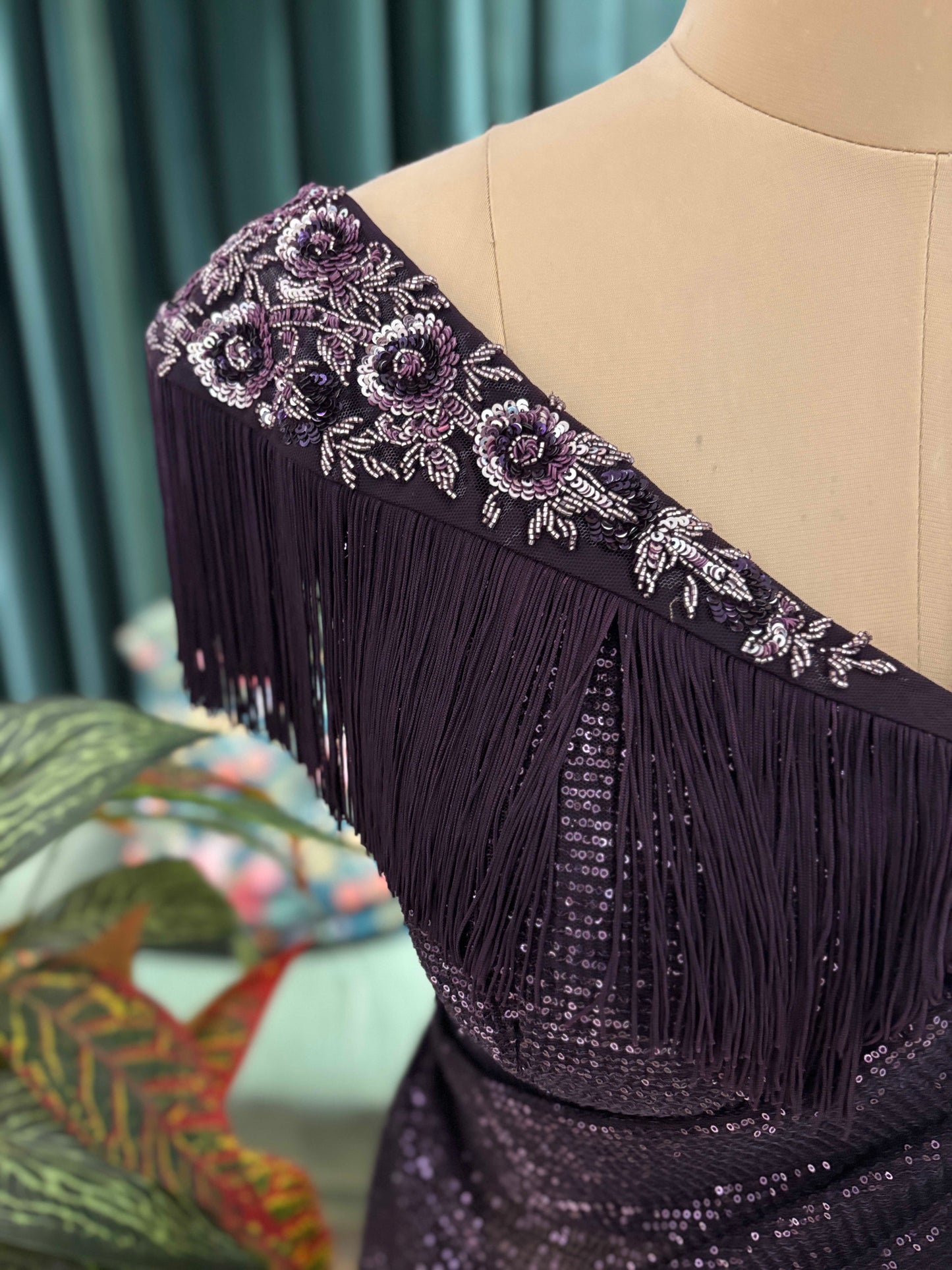 Deep Plum Ner Saree with Fringe Pallu and Embroidered Blouse