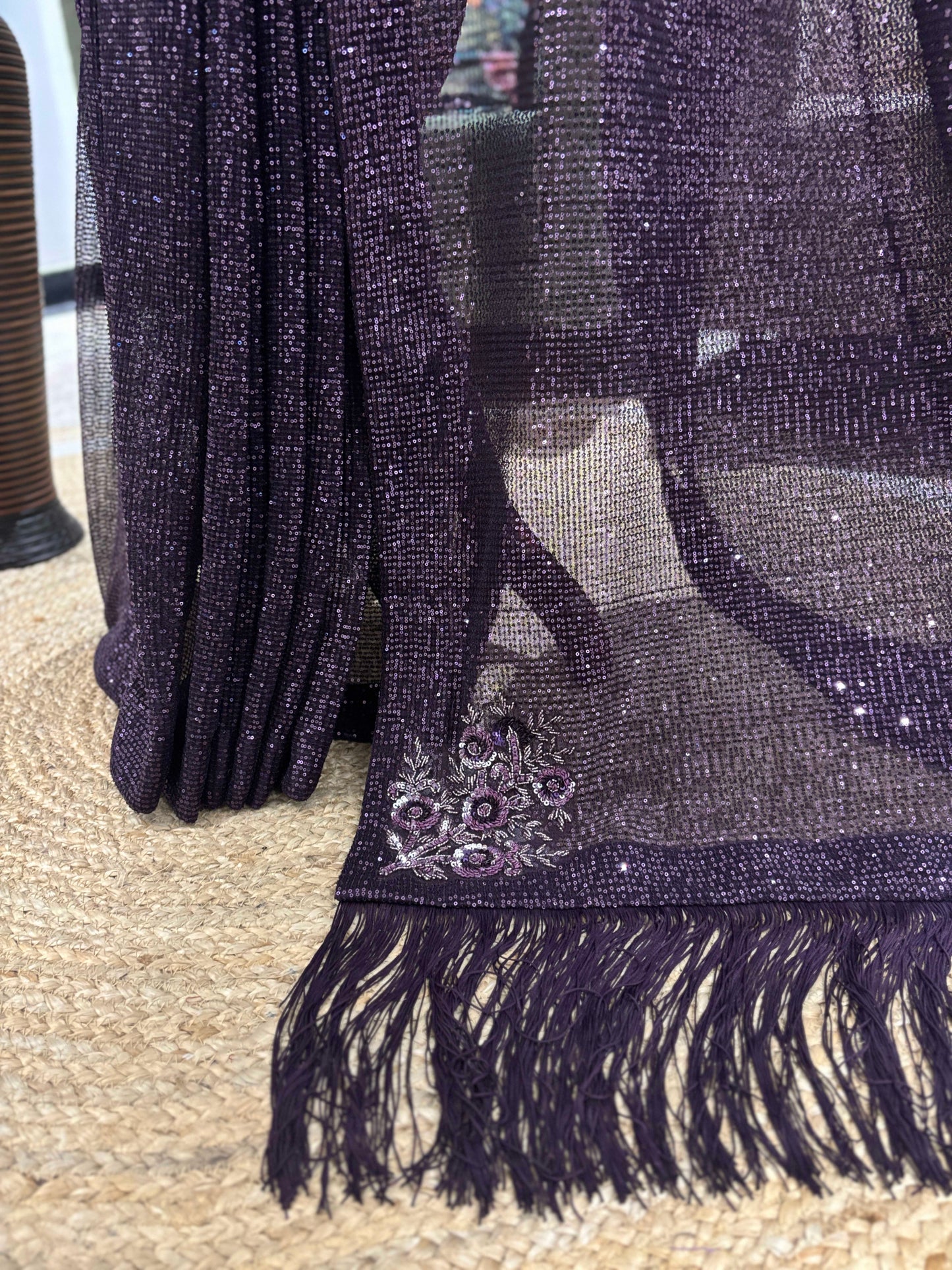 Deep Plum Ner Saree with Fringe Pallu and Embroidered Blouse