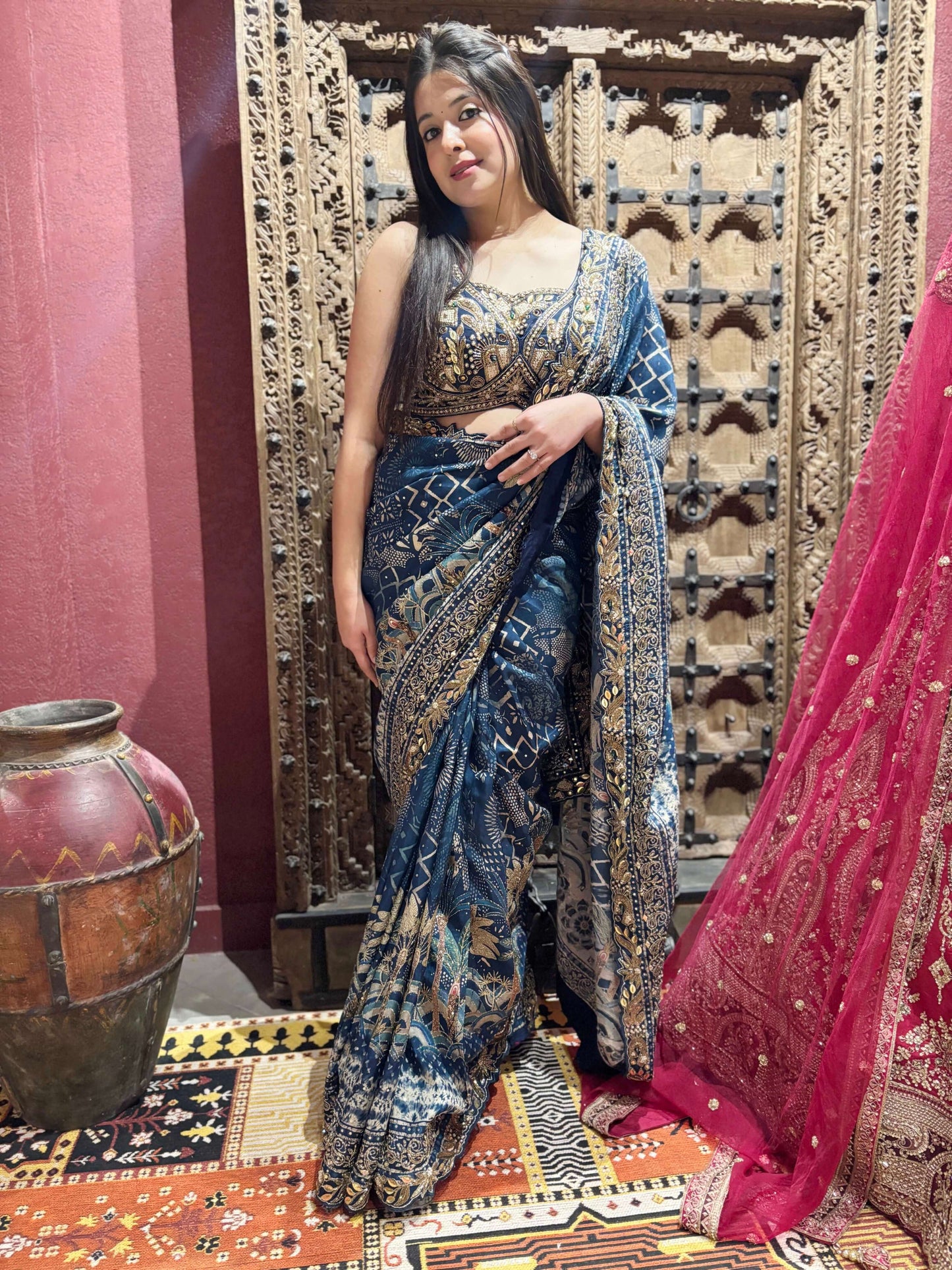 Blue Silk Saree with Heavy Golden Zari Embroidery & Designer Blouse