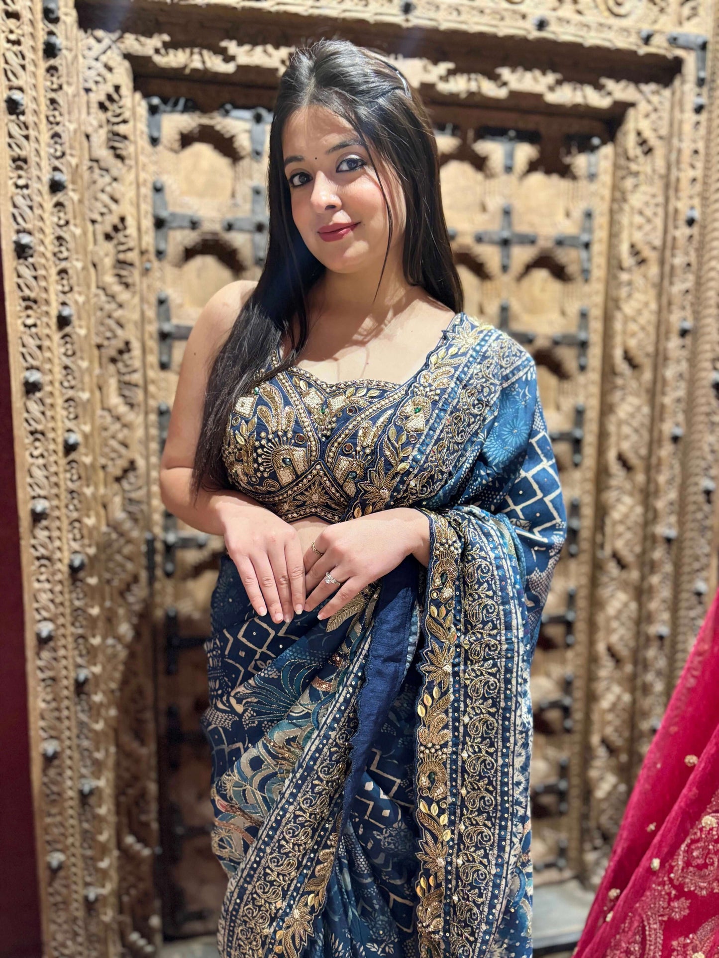 Blue Silk Saree with Heavy Golden Zari Embroidery & Designer Blouse